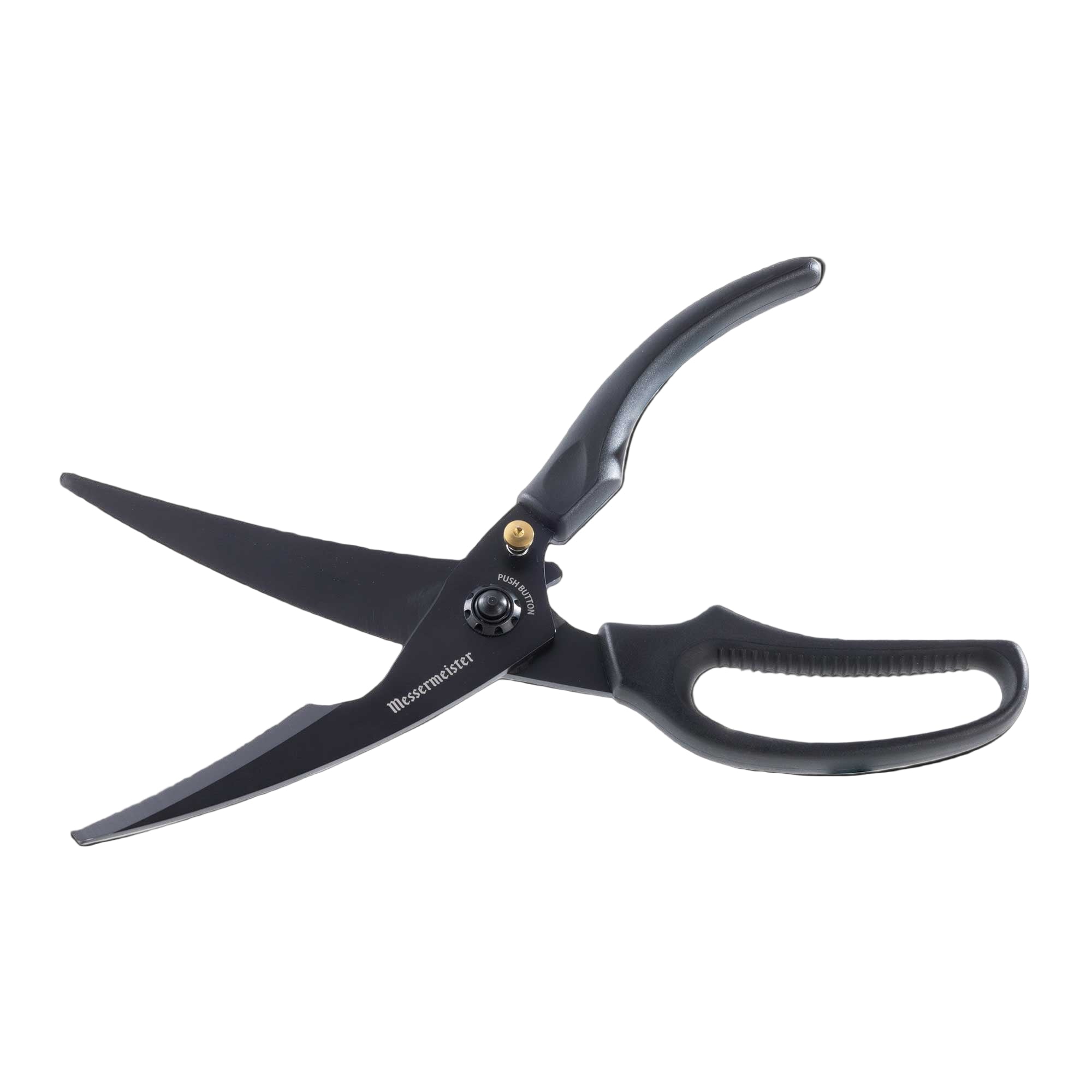 10-inch push button take-apart poultry shears shown open, highlighting the sharp stainless steel blades, detachable design, and ergonomic non-slip handles for precise poultry and kitchen cutting tasks