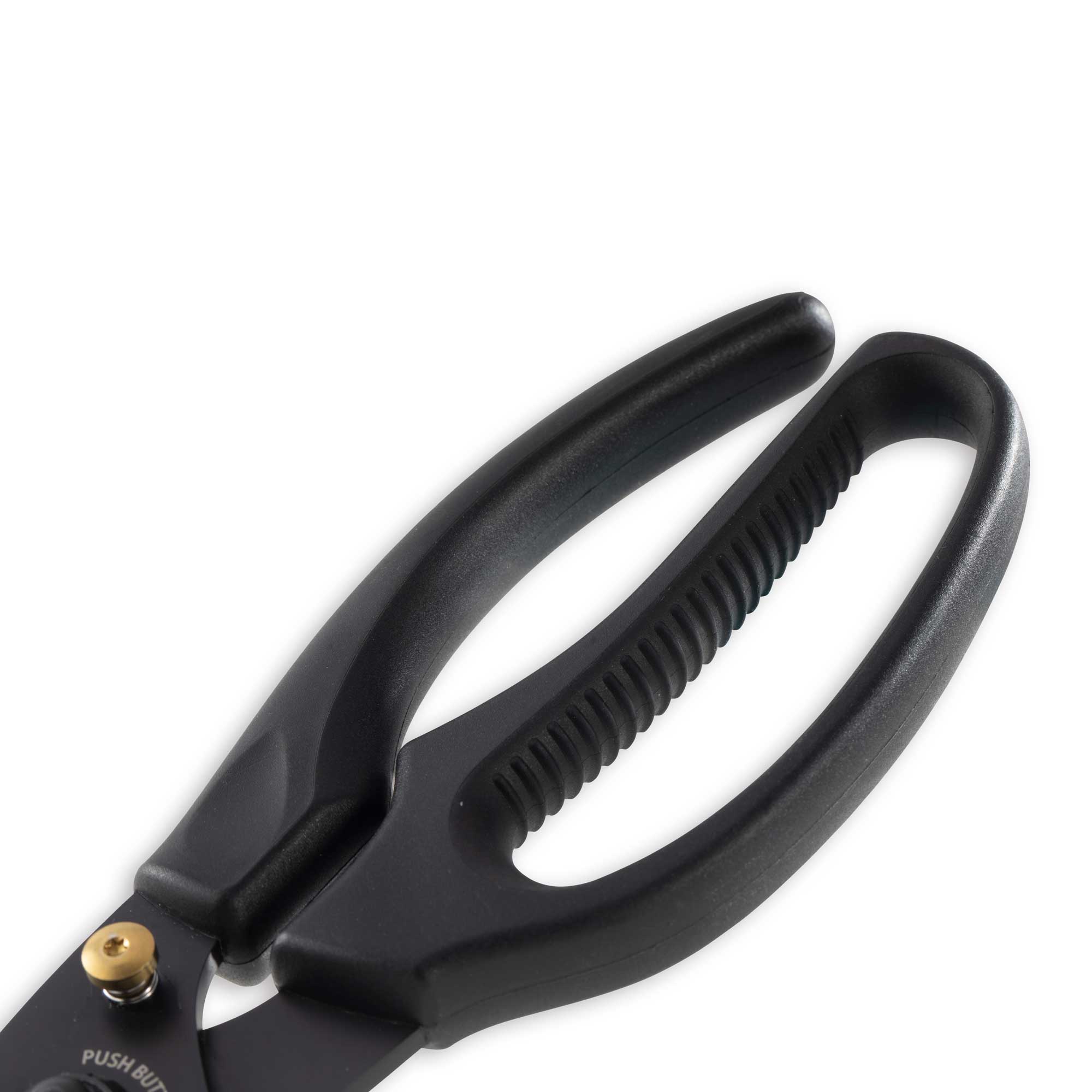 Close-up of the ergonomic handles on 10-inch push button take-apart poultry shears, featuring a comfortable non-slip grip and durable design for safe, controlled cutting during kitchen prep.