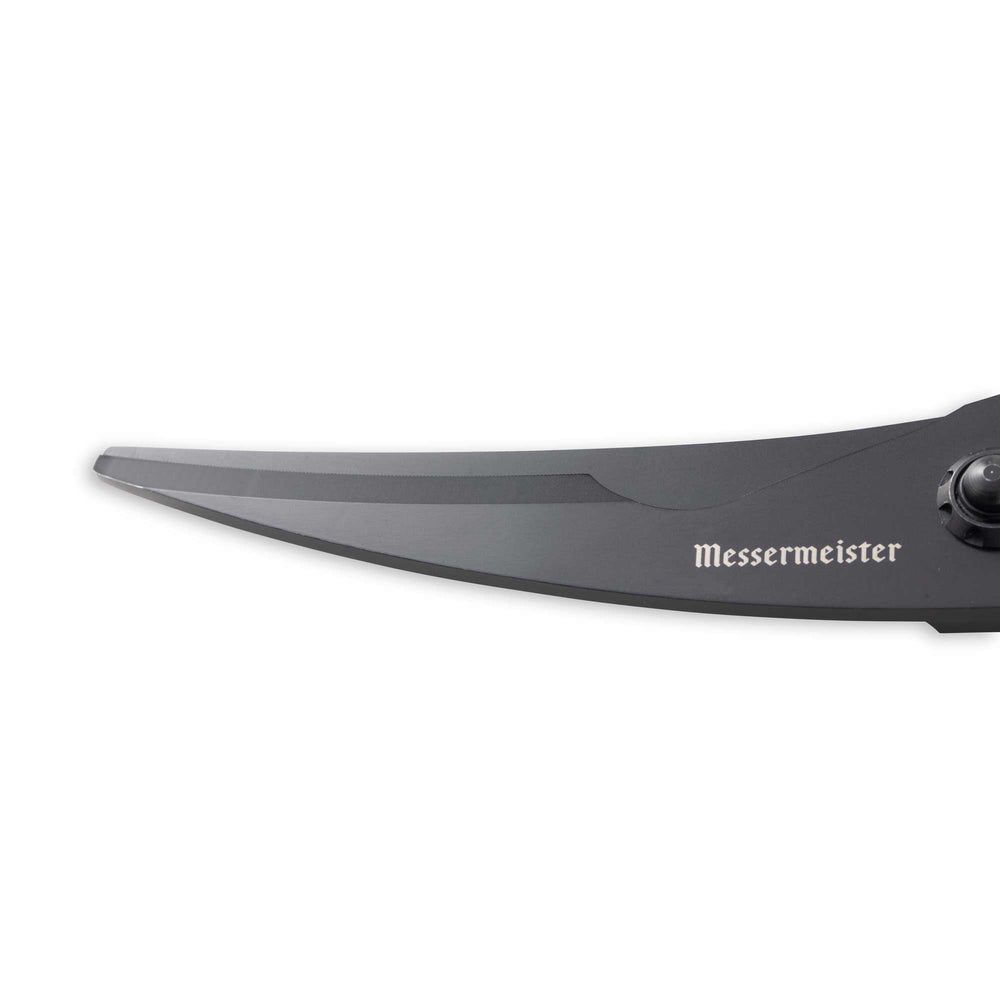 Close-up of the stainless steel blades on 10-inch take-apart poultry shears, showcasing the sharp precision cutting edges, durable construction, and heavy-duty design for poultry and kitchen prep task