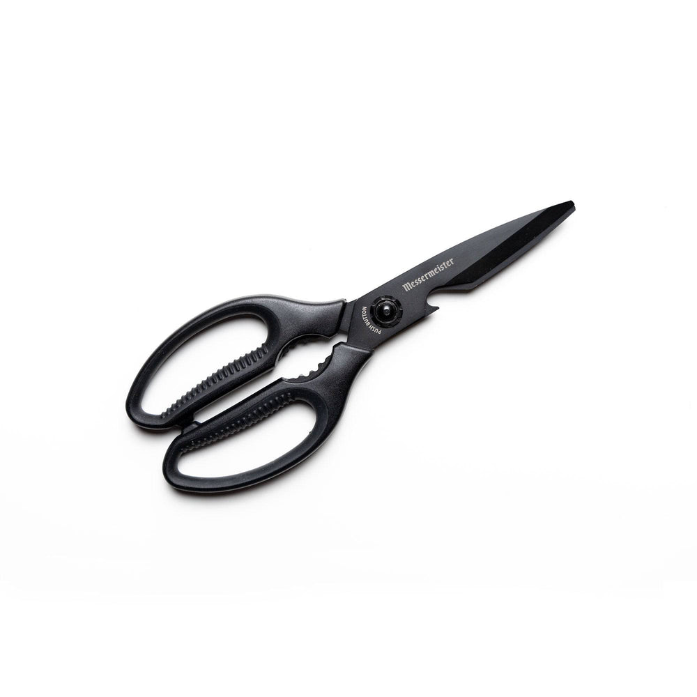 9-inch push button take-apart shears with sharp stainless steel blades and ergonomic non-slip handles, designed for durable multi-purpose kitchen cutting and easy disassembly for cleaning.