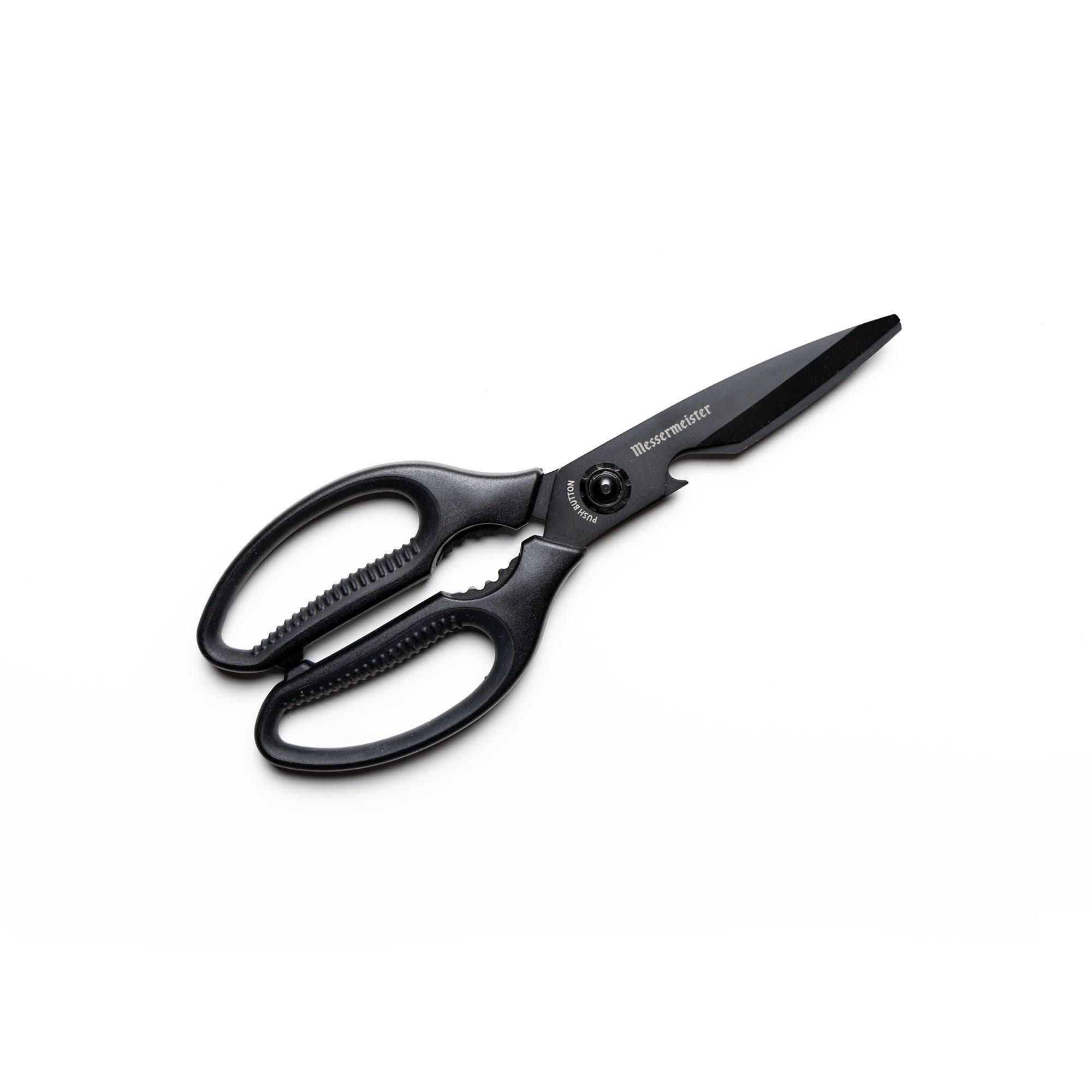 9-inch push button take-apart shears with sharp stainless steel blades and ergonomic non-slip handles, designed for durable multi-purpose kitchen cutting and easy disassembly for cleaning.