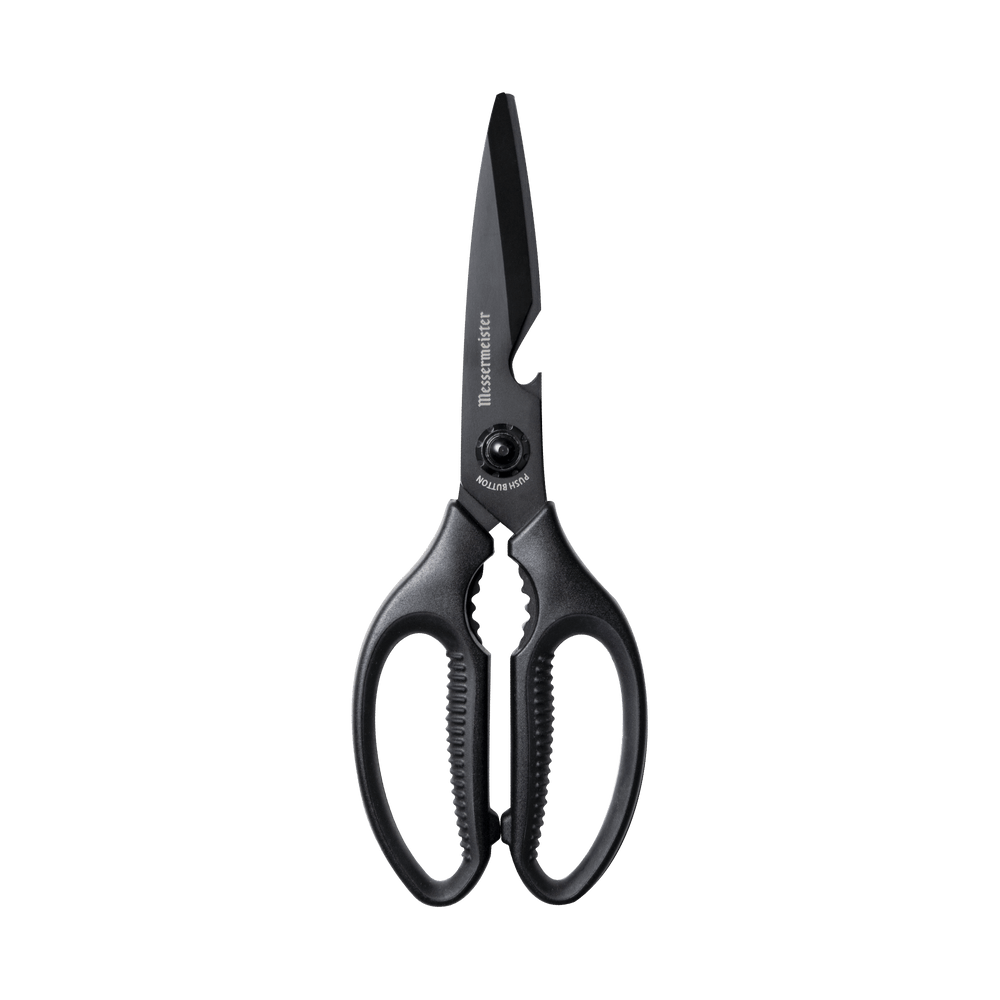 9-inch push button take-apart shears with sharp stainless steel blades and ergonomic non-slip handles, designed for durable multi-purpose kitchen cutting and easy disassembly for cleaning.
