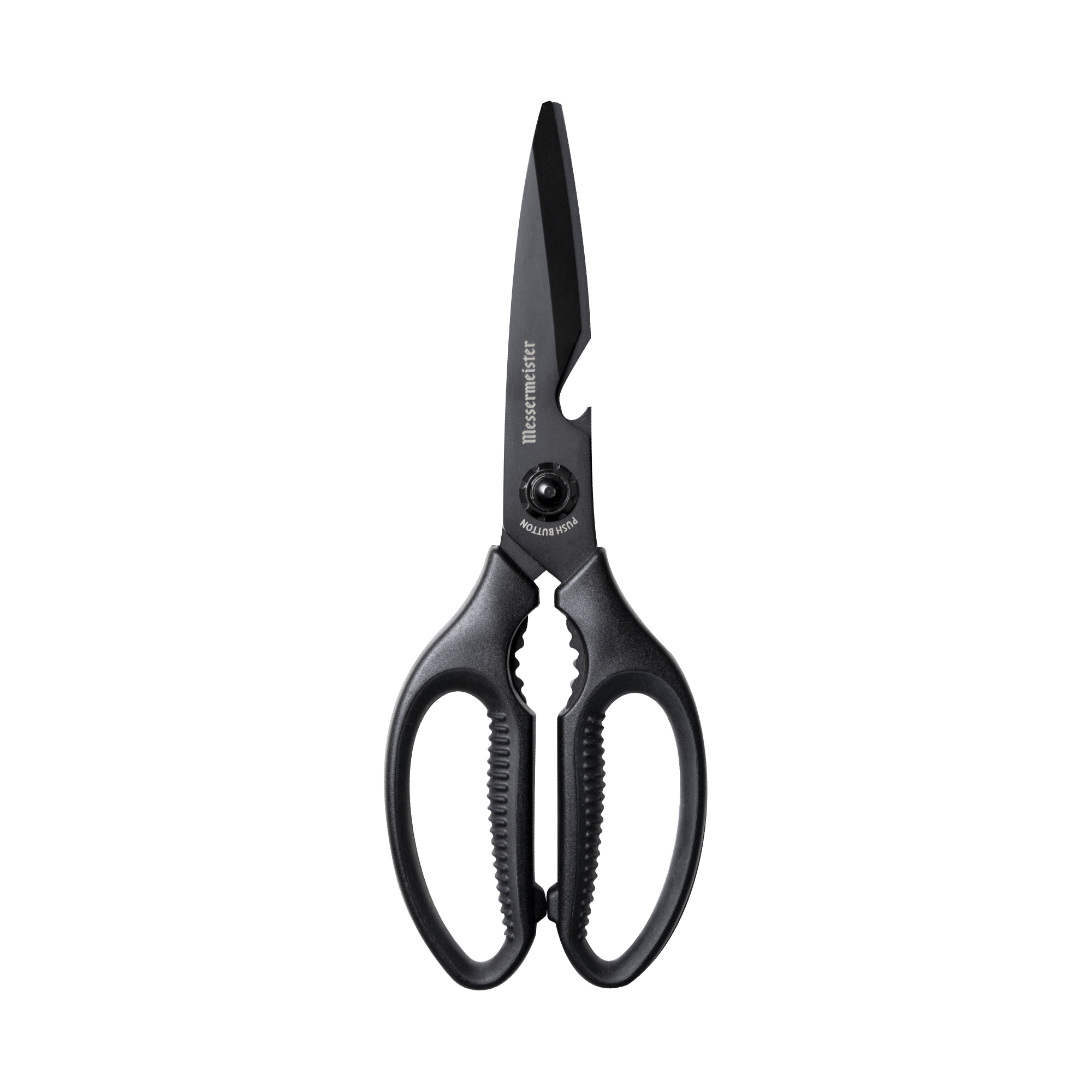 9-inch push button take-apart shears with sharp stainless steel blades and ergonomic non-slip handles, designed for durable multi-purpose kitchen cutting and easy disassembly for cleaning.