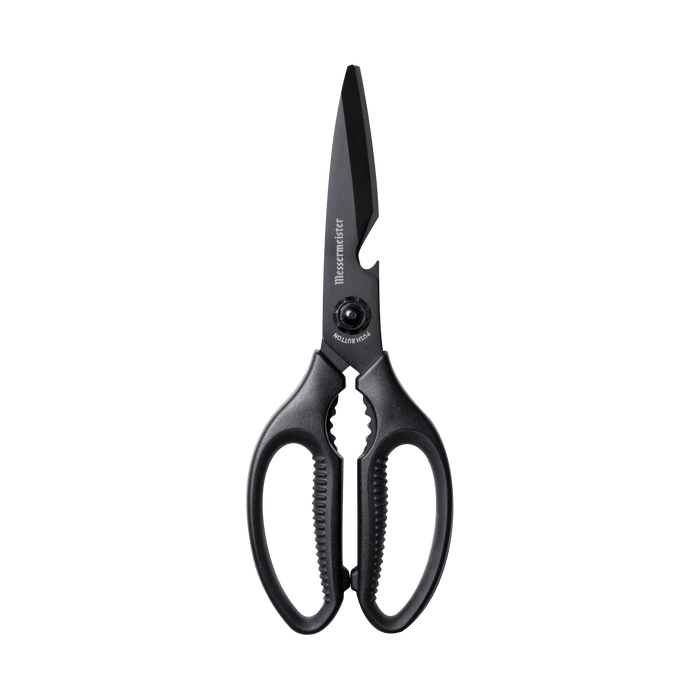 9-inch push button take-apart shears with sharp stainless steel blades and ergonomic non-slip handles, designed for durable multi-purpose kitchen cutting and easy disassembly for cleaning.