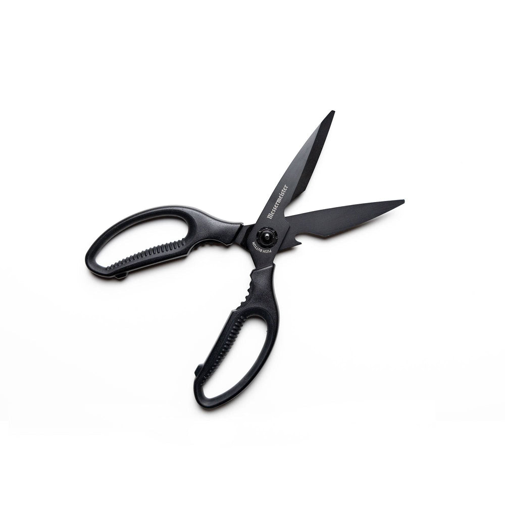 9-inch push button take-apart shears shown open, featuring sharp stainless steel blades, a detachable push button design, and ergonomic non-slip handles for precise kitchen and household cutting tasks.