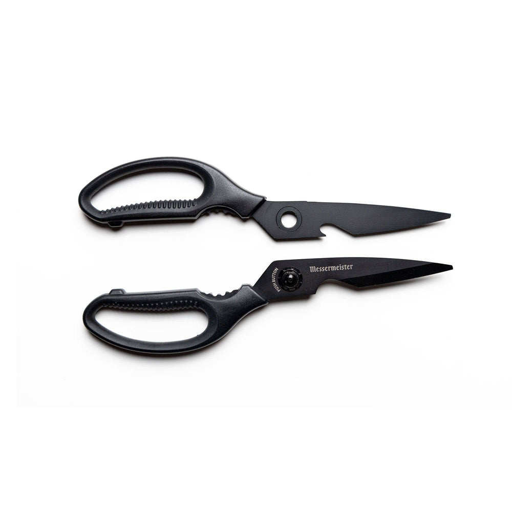 9-inch push button take-apart shears shown disassembled, with separated stainless steel blades and handles demonstrating the easy-clean detachable design and durable construction for kitchen use.