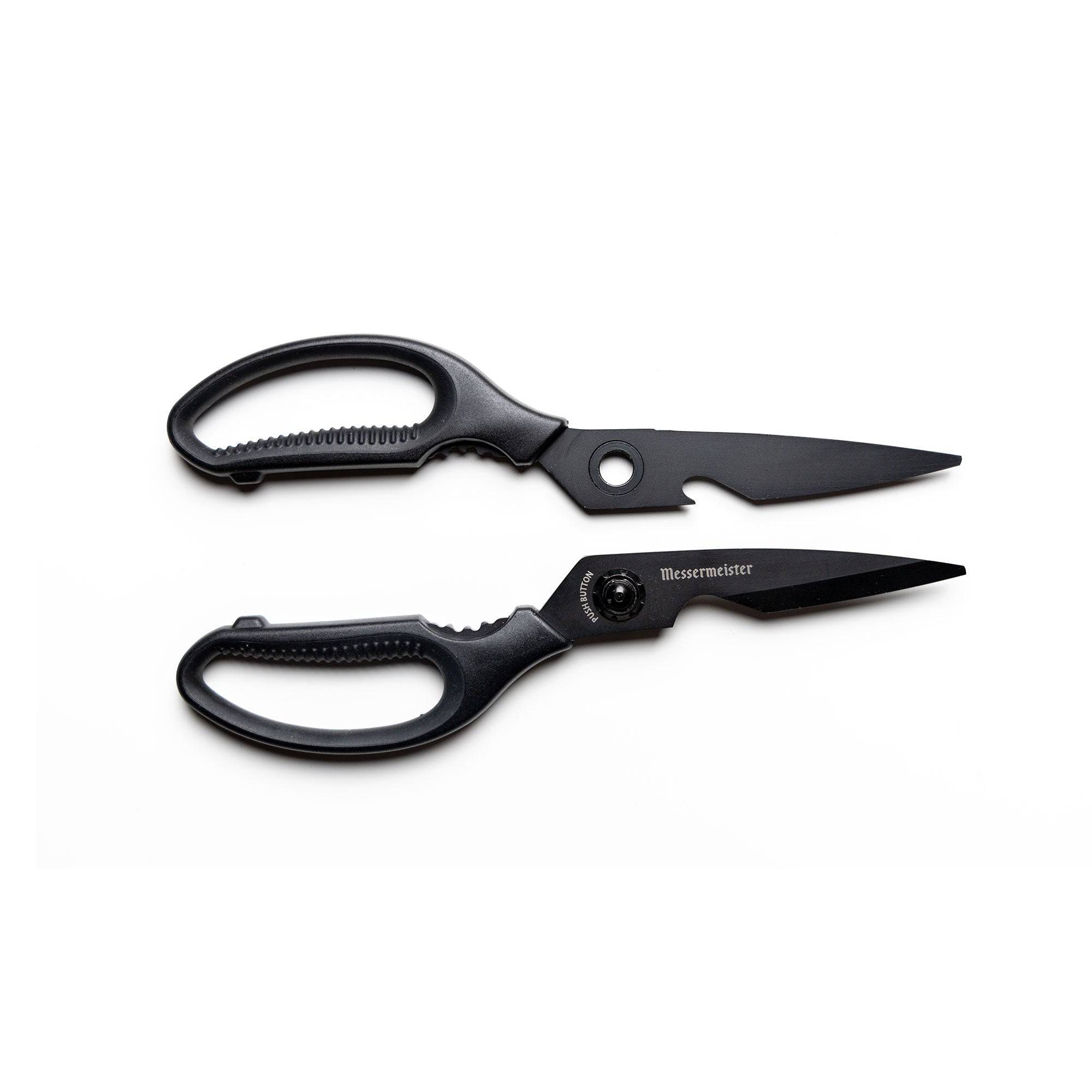 9-inch push button take-apart shears shown disassembled, with separated stainless steel blades and handles demonstrating the easy-clean detachable design and durable construction for kitchen use.