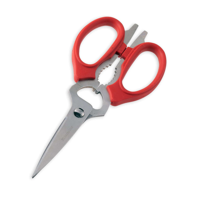 Messermeister red take-apart kitchen scissors shown at an angled view, featuring sharp stainless steel blades, ergonomic red handles, and a durable detachable design for precise, easy-clean kitchen cutting tasks