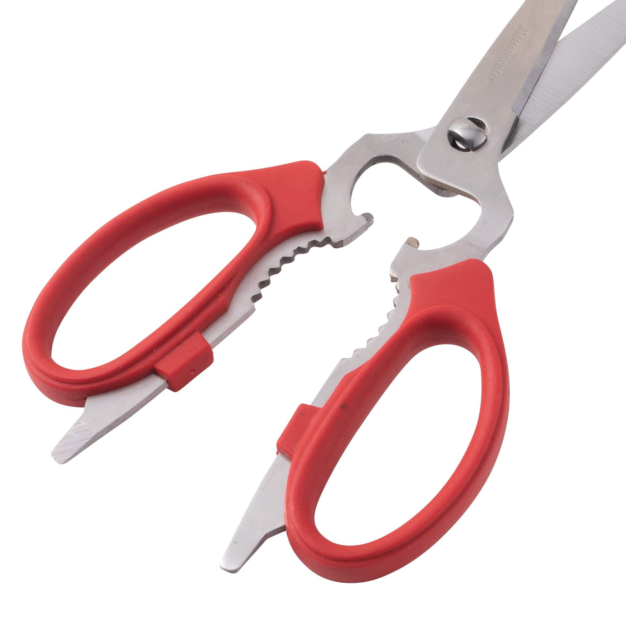 Close-up of the red ergonomic handle on Messermeister take-apart kitchen scissors, featuring a comfortable non-slip grip and durable construction for safe, controlled cutting and easy handling during kitchen prep