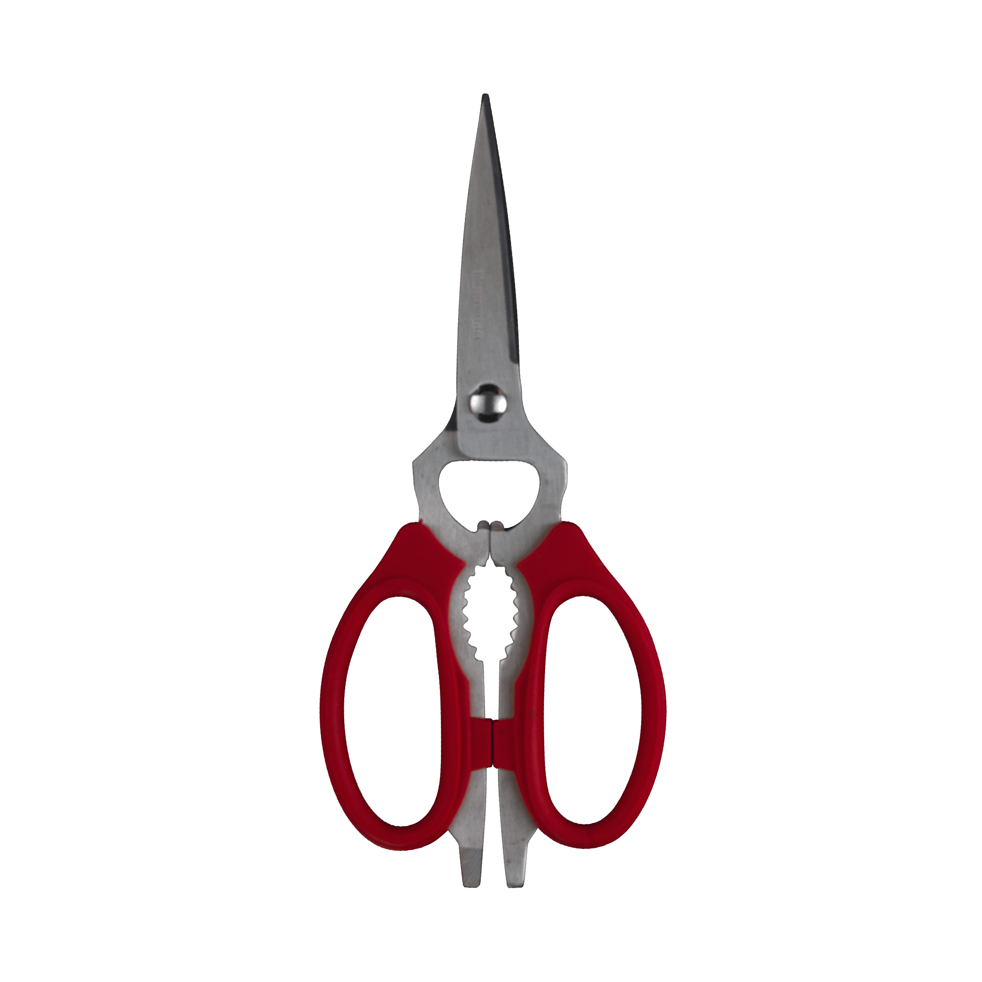 Messermeister red take-apart kitchen scissors with sharp stainless steel blades and ergonomic red handles, designed for precise kitchen cutting and easy disassembly for thorough cleaning and maintenance.
