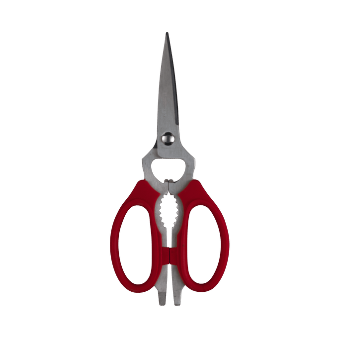 Messermeister red take-apart kitchen scissors with sharp stainless steel blades and ergonomic red handles, designed for precise kitchen cutting and easy disassembly for thorough cleaning and maintenance.