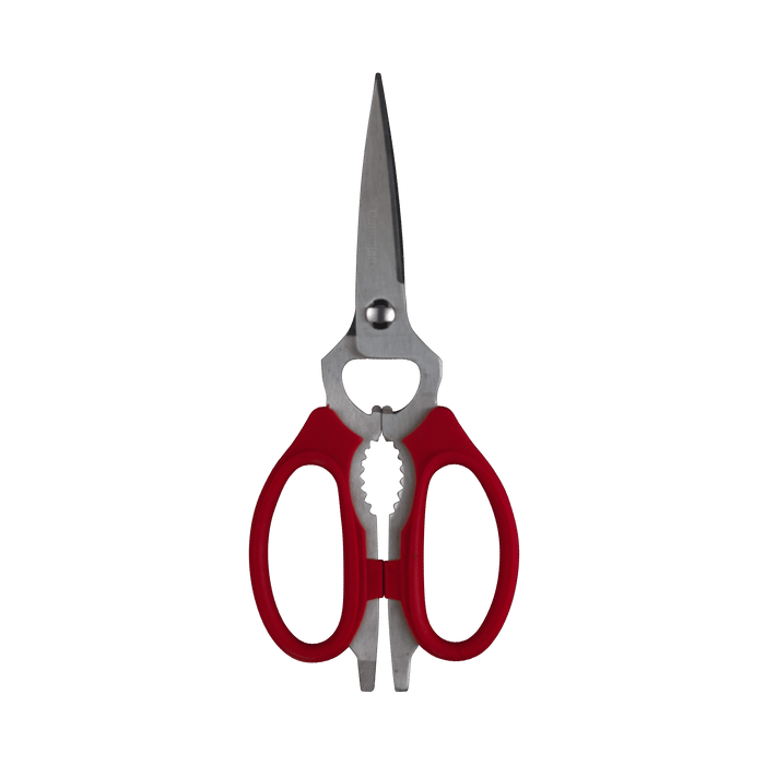 Messermeister red take-apart kitchen scissors with sharp stainless steel blades and ergonomic red handles, designed for precise kitchen cutting and easy disassembly for thorough cleaning and maintenance.