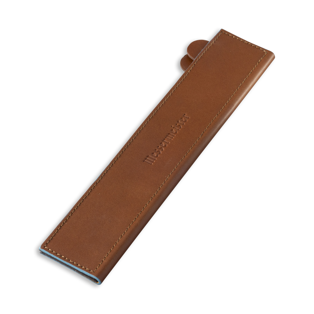 Messermeister 10.5 inch Saddle Brown Leather Magnetic Edge Guard Soft Rubber Magnets to Secure Knife on a plain background