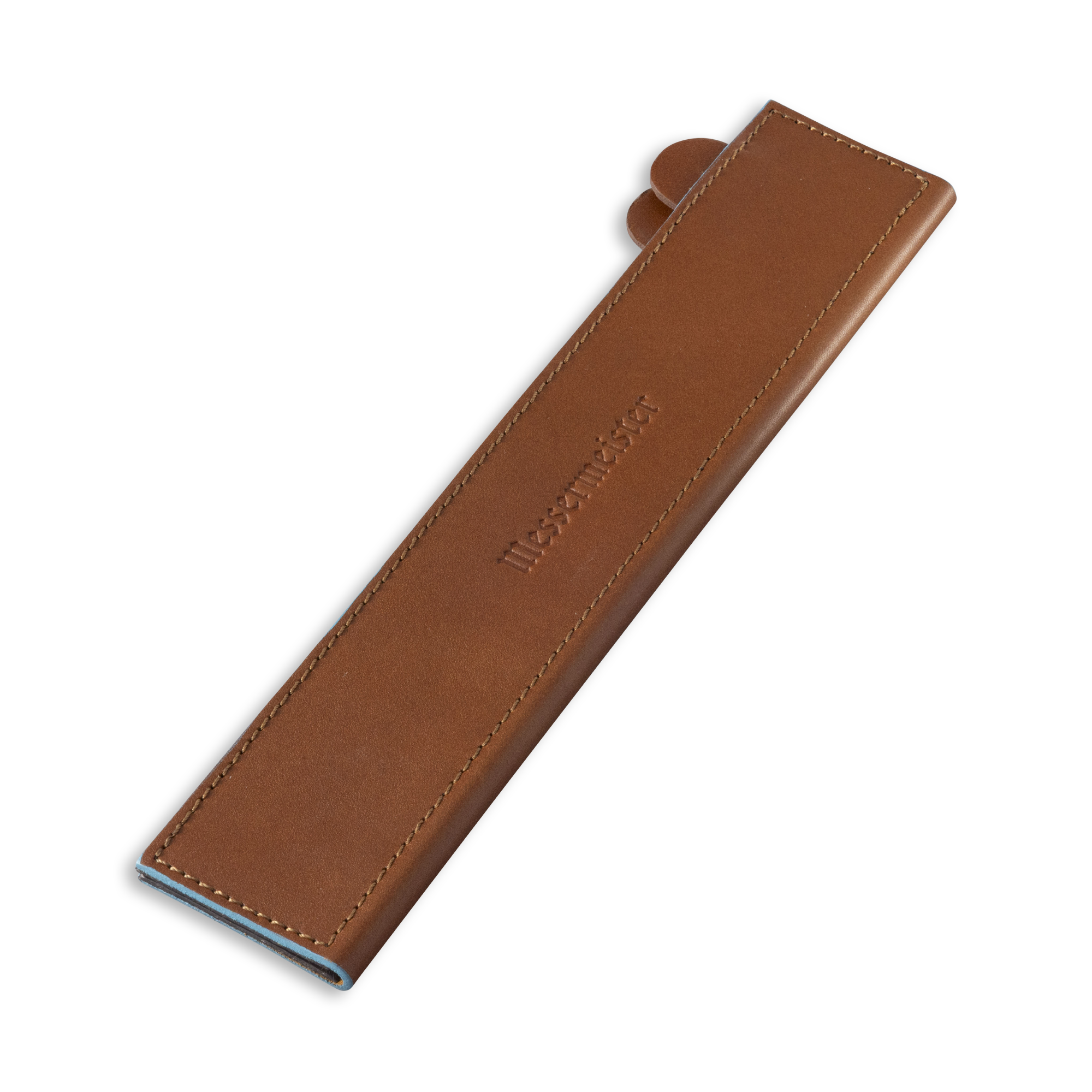 Messermeister 10.5 inch Saddle Brown Leather Magnetic Edge Guard Soft Rubber Magnets to Secure Knife on a plain background