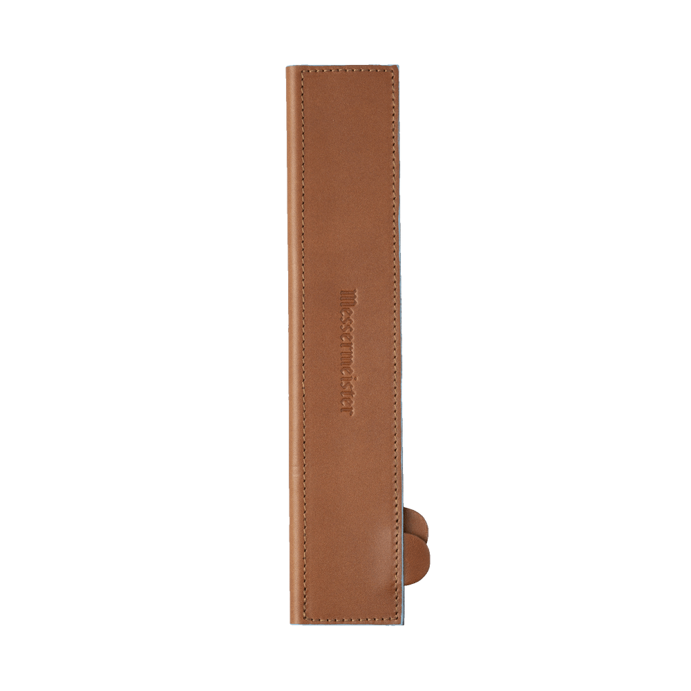 Messermeister 10.5 inch Saddle Brown Leather Magnetic Edge Guard  Soft Rubber Magnets to Secure Knife on a plain background