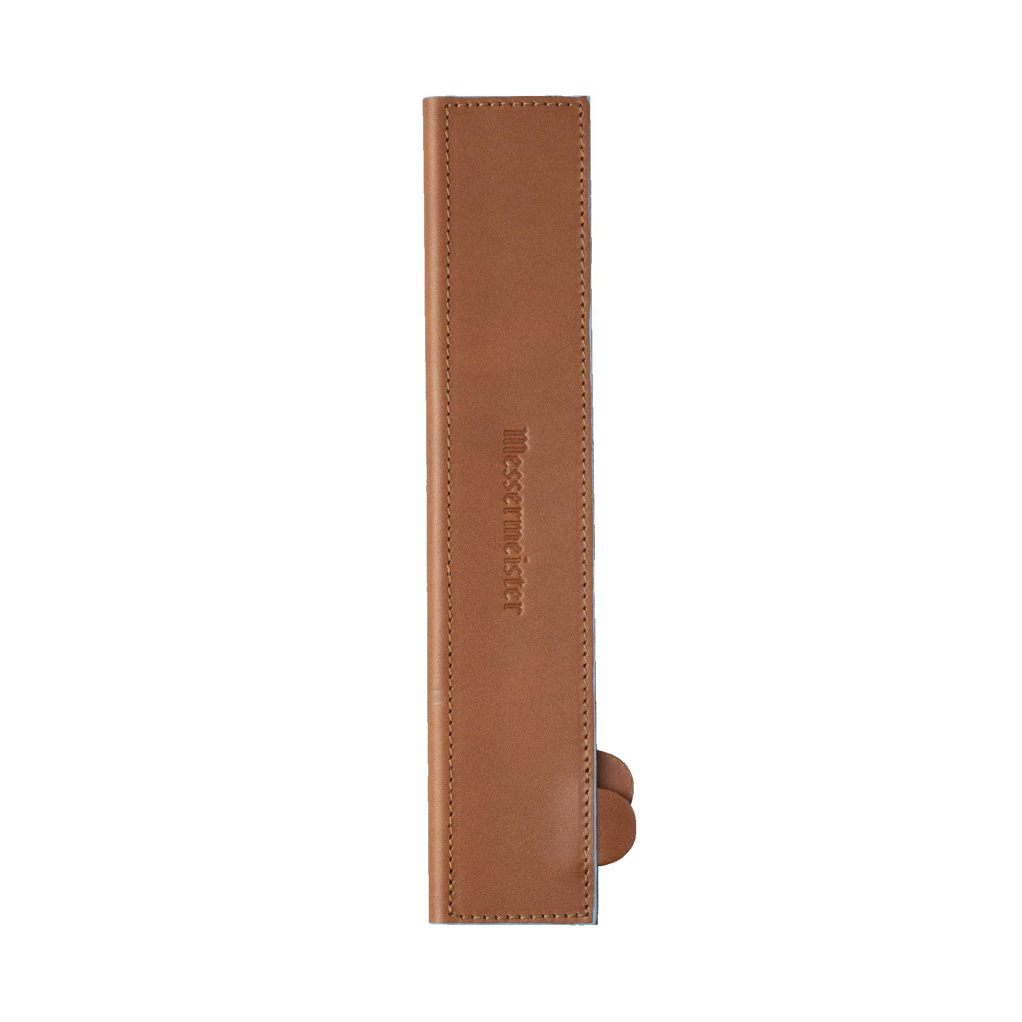 Messermeister 10.5 inch Saddle Brown Leather Magnetic Edge Guard  Soft Rubber Magnets to Secure Knife on a plain background