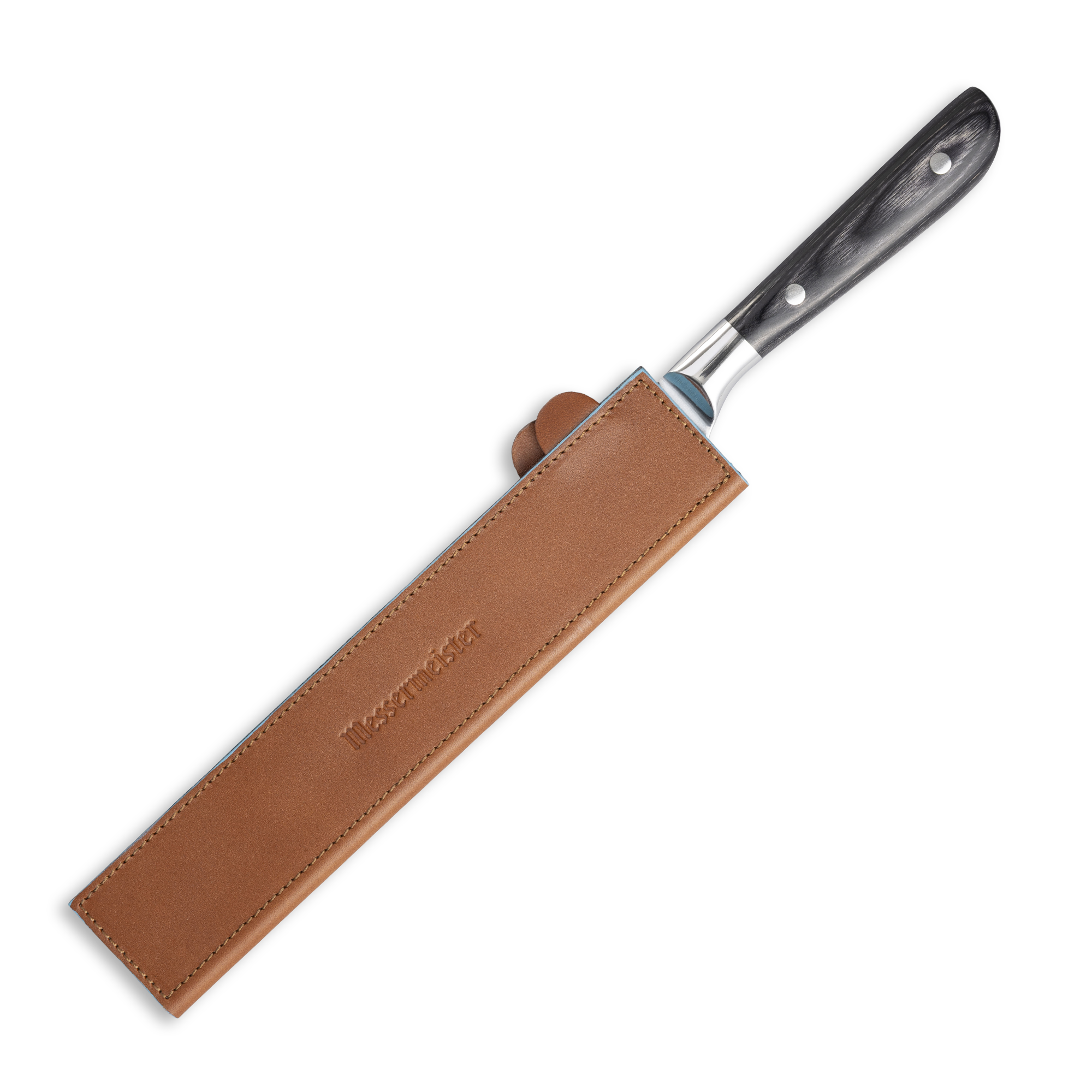 Messermeister 10.5 inch Saddle Brown Leather Magnetic Edge Guard  Soft Rubber Magnets to Secure Knife on a plain background on an ebony pakkawood handled knife
