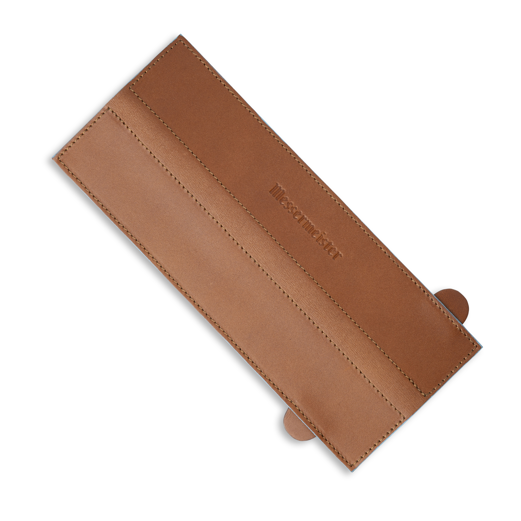 Messermeister 10.5 inch Saddle Brown Leather Magnetic Edge Guard Soft Rubber Magnets to Secure Knife on a plain background laid out flat