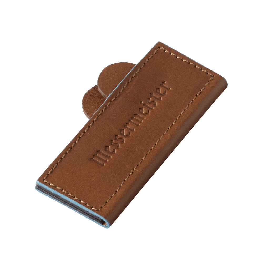 Messermeister 4 inch Saddle Brown Leather Magnetic Edge Guard Soft Rubber Magnets to Secure Knife 