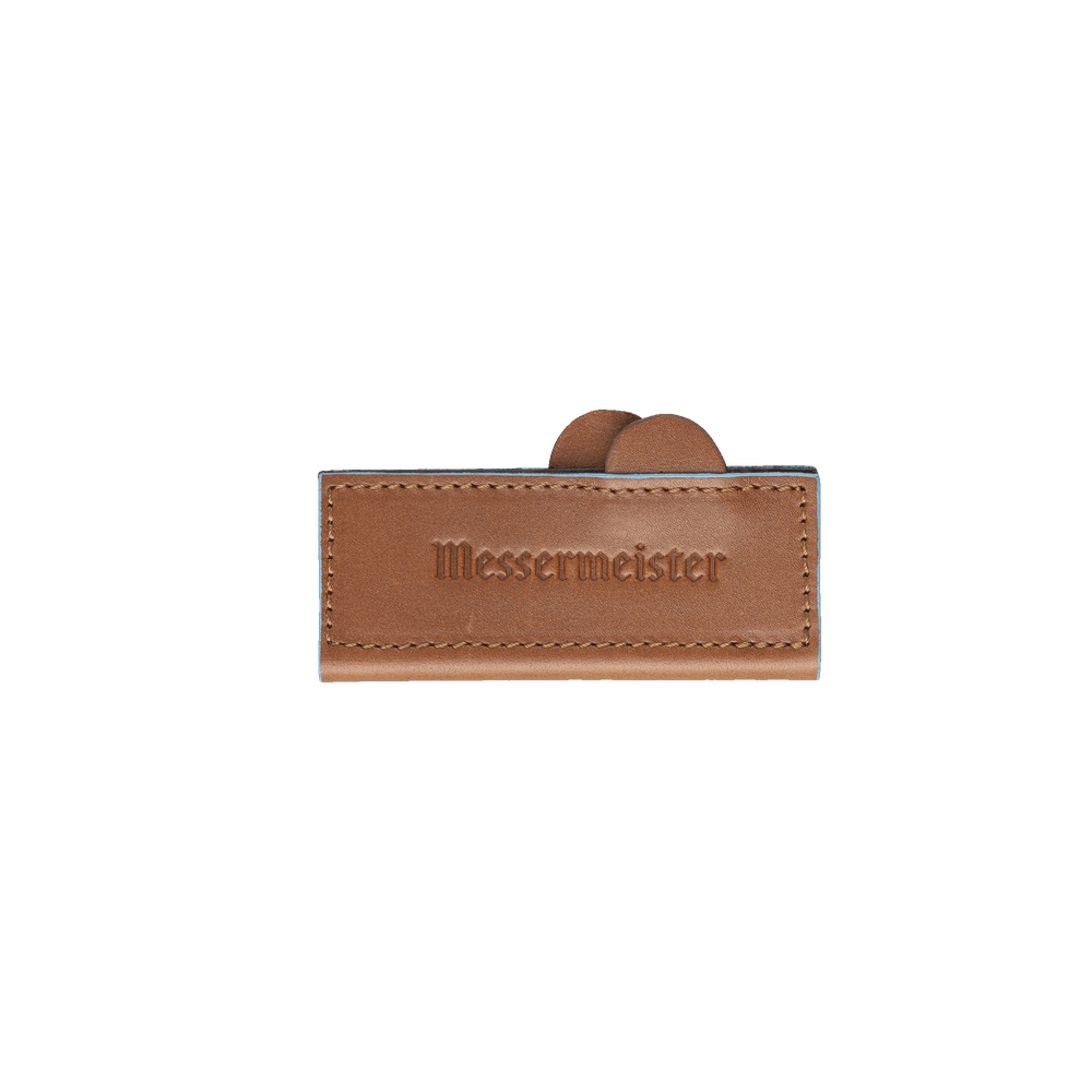 Messermeister 4 inch Saddle Brown Leather Magnetic Edge Guard Soft Rubber Magnets to Secure Knife 