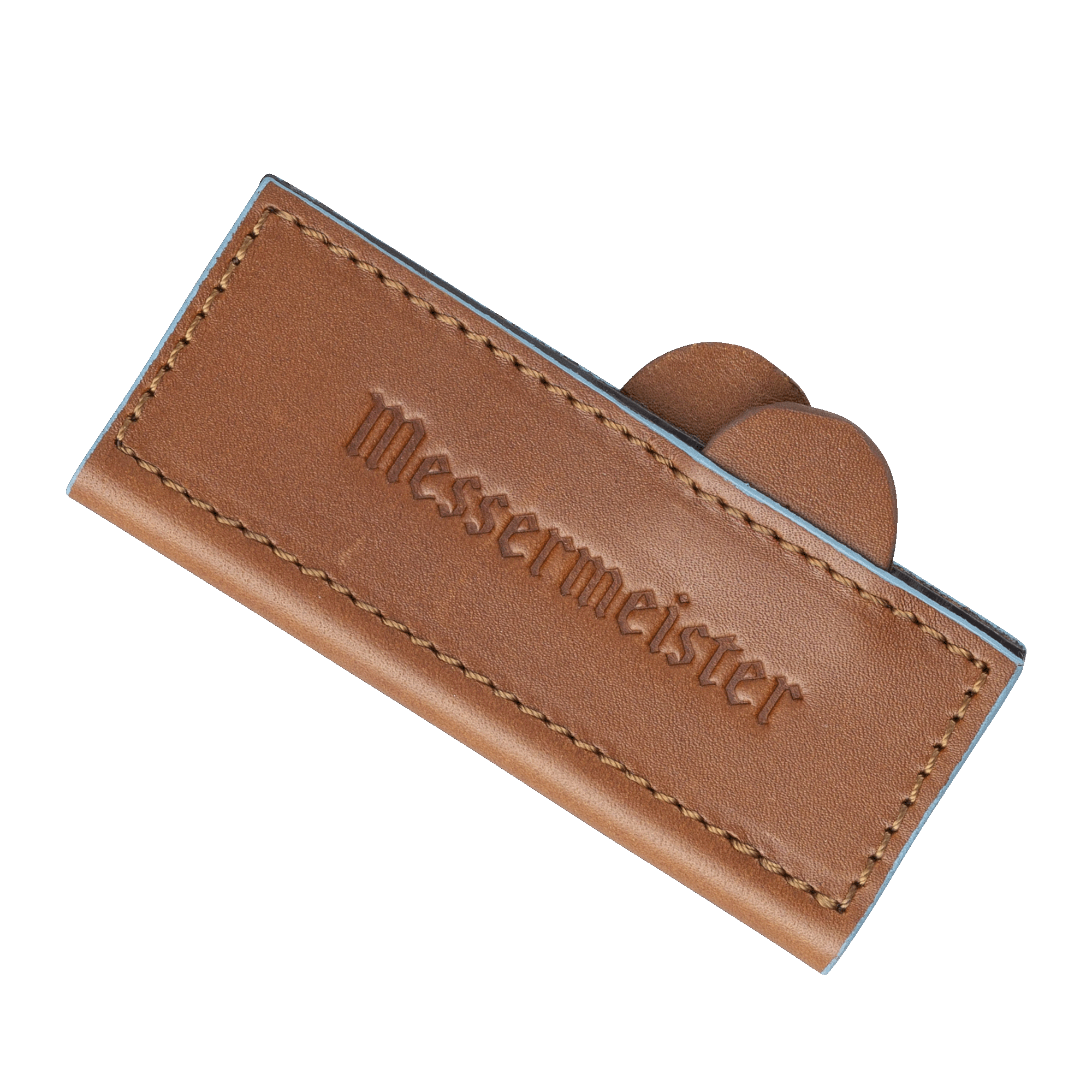 Messermeister 4 inch Saddle Brown Leather Magnetic Edge Guard Soft Rubber Magnets to Secure Knife close up on logo and tabs