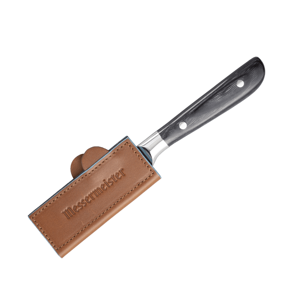 Messermeister 4 inch Saddle Brown Leather Magnetic Edge Guard Soft Rubber Magnets to Secure Knife  on a ebony pakkawood handled knife 