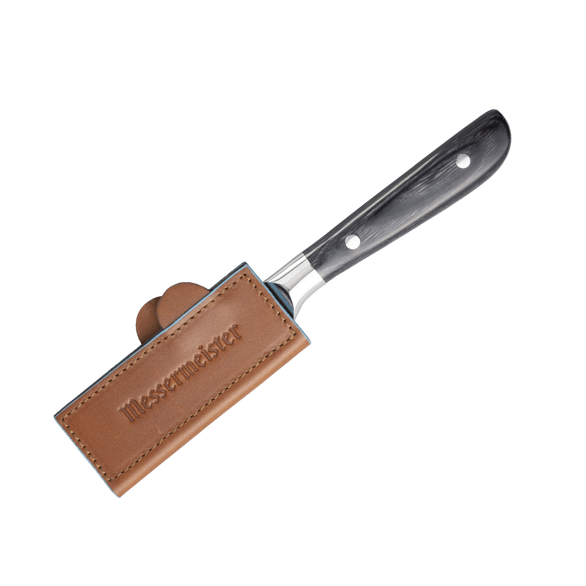 Messermeister 4 inch Saddle Brown Leather Magnetic Edge Guard Soft Rubber Magnets to Secure Knife  on a ebony pakkawood handled knife 
