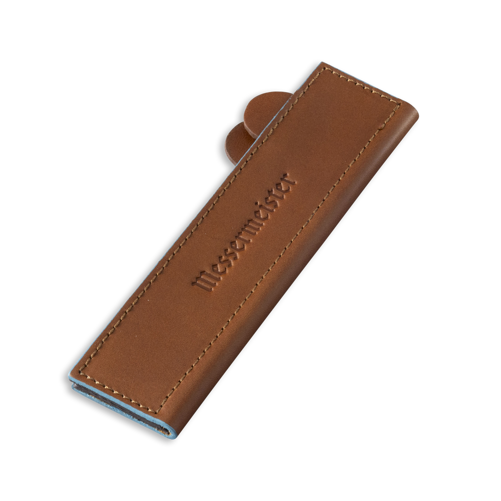 Messermeister 6.5 inch Saddle Brown Leather Magnetic Edge Guard Soft Rubber Magnets to Secure Knife 