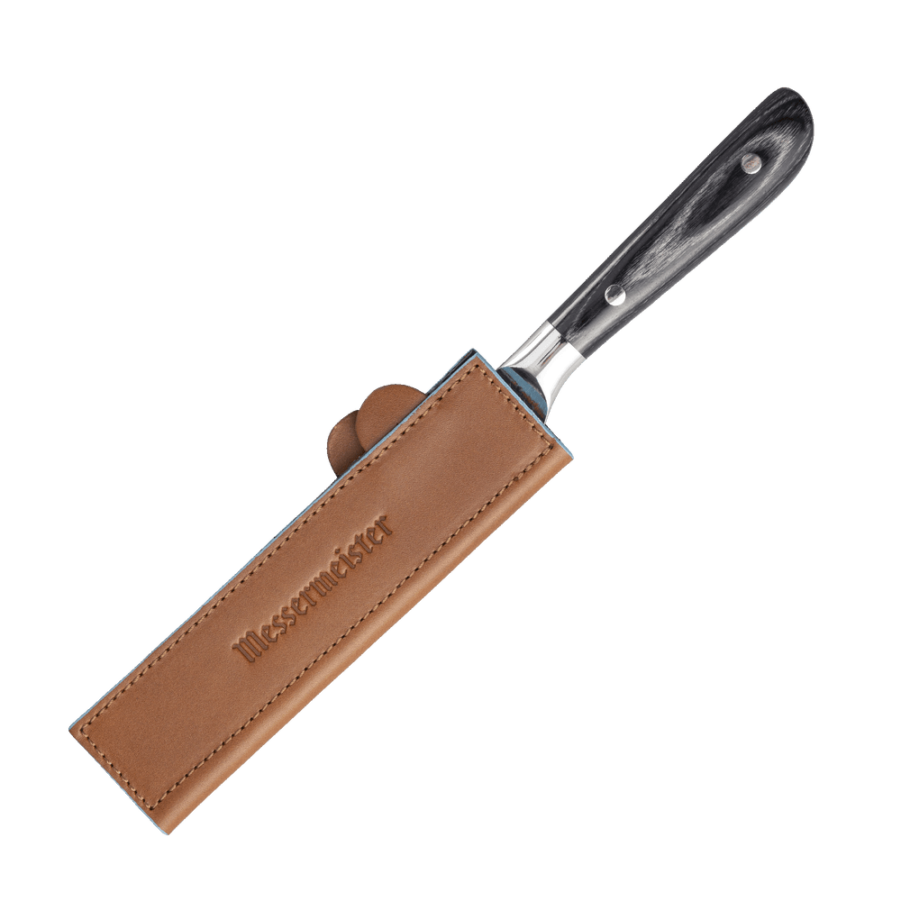 Messermeister 6.5 inch Saddle Brown Leather Magnetic Edge Guard Soft Rubber Magnets to Secure Knife on a ebony pakkawood handled knife