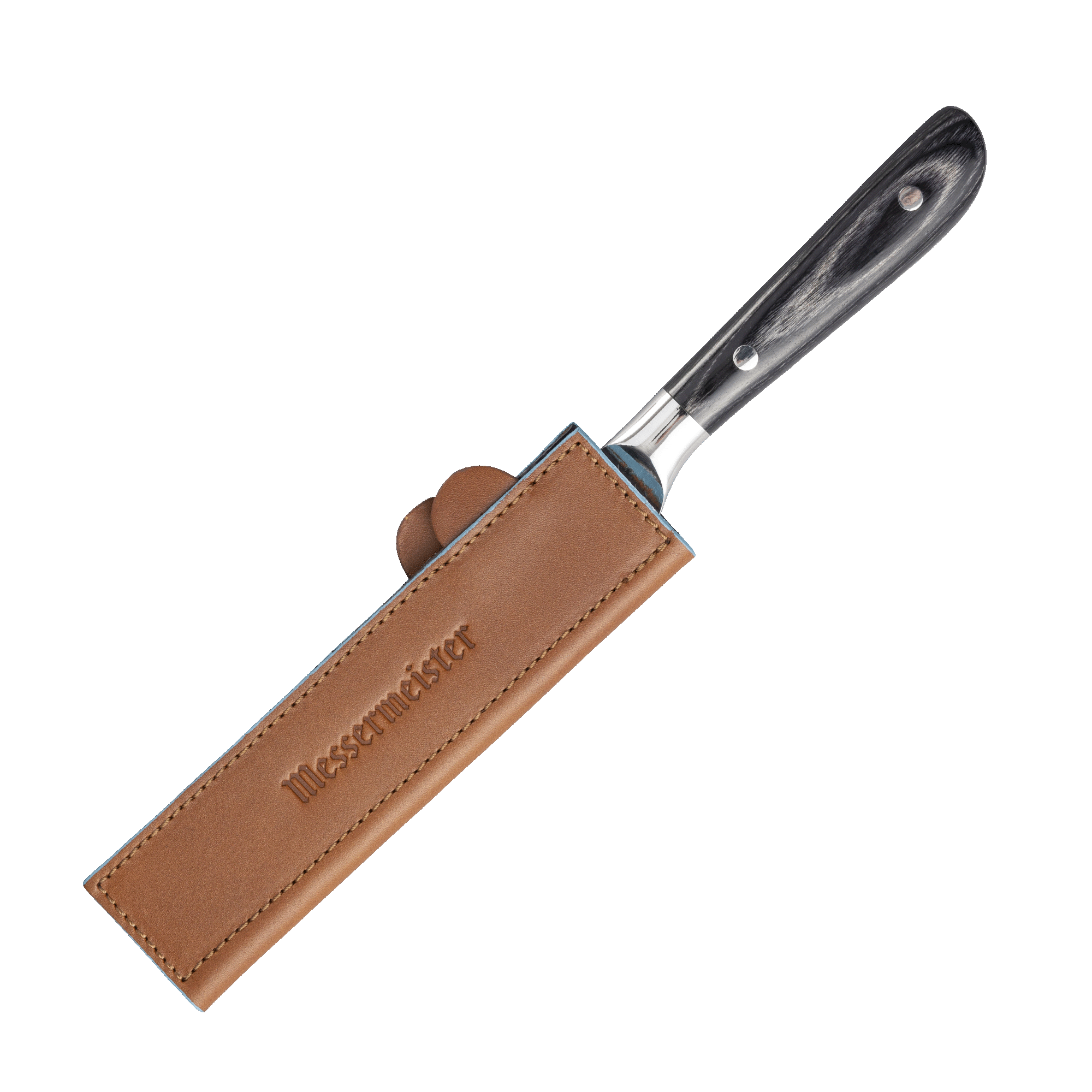 Messermeister 6.5 inch Saddle Brown Leather Magnetic Edge Guard Soft Rubber Magnets to Secure Knife on a ebony pakkawood handled knife