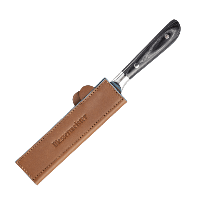 Messermeister 6.5 inch Saddle Brown Leather Magnetic Edge Guard Soft Rubber Magnets to Secure Knife on a ebony pakkawood handled knife