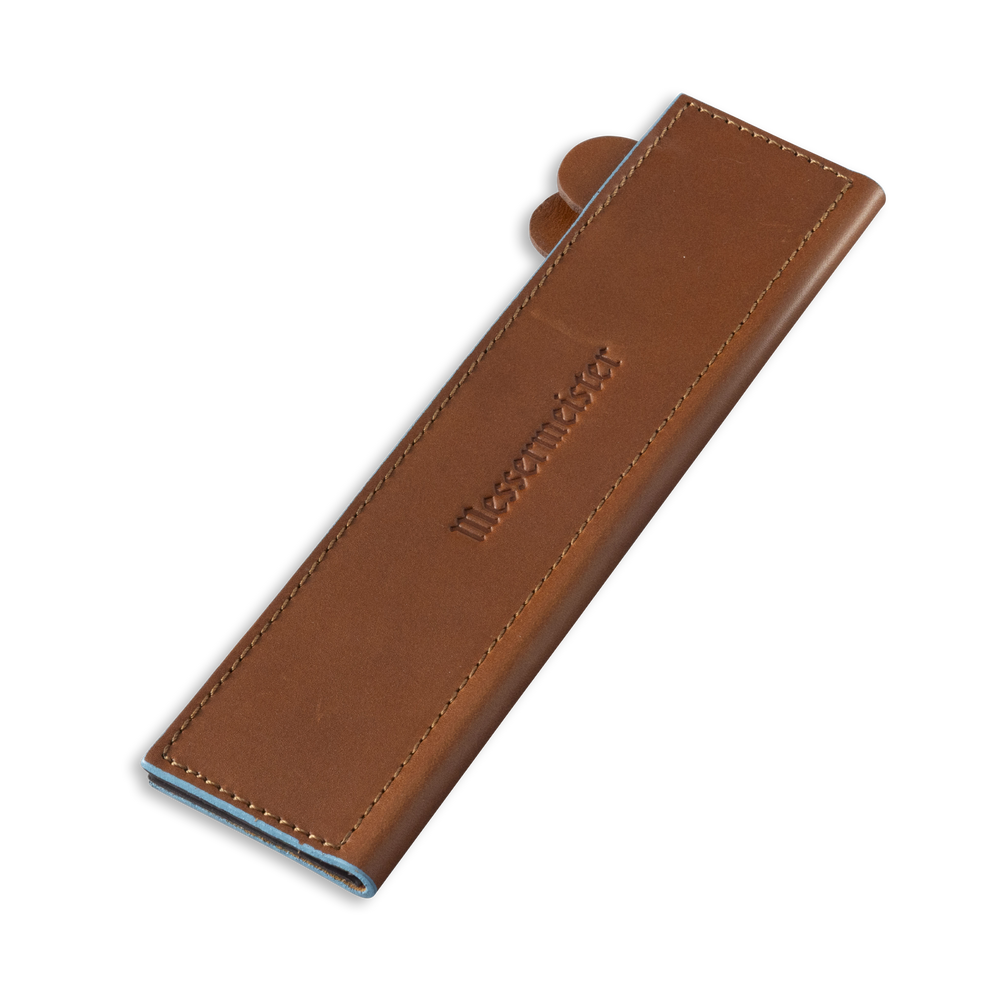 Messermeister 8.5 inch Saddle Brown Leather Magnetic Edge Guard Soft Rubber Magnets to Secure Knife 