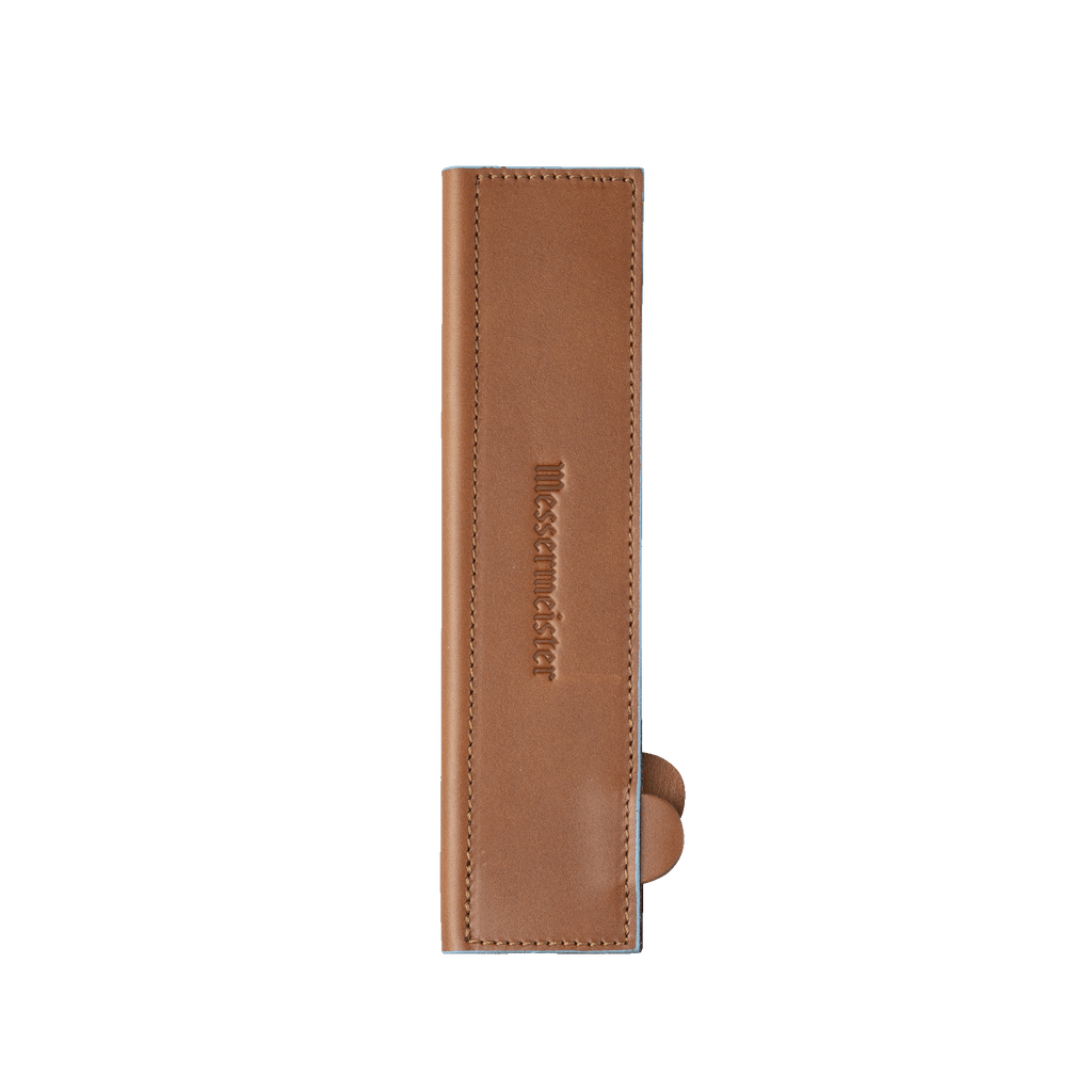 Messermeister 8.5 inch Saddle Brown Leather Magnetic Edge Guard Soft Rubber Magnets to Secure Knife