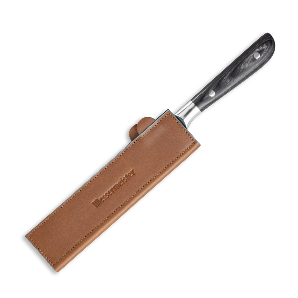 Messermeister 8.5 inch Saddle Brown Leather Magnetic Edge Guard Soft Rubber Magnets to Secure Knife on a ebony pakkawood handled knife 