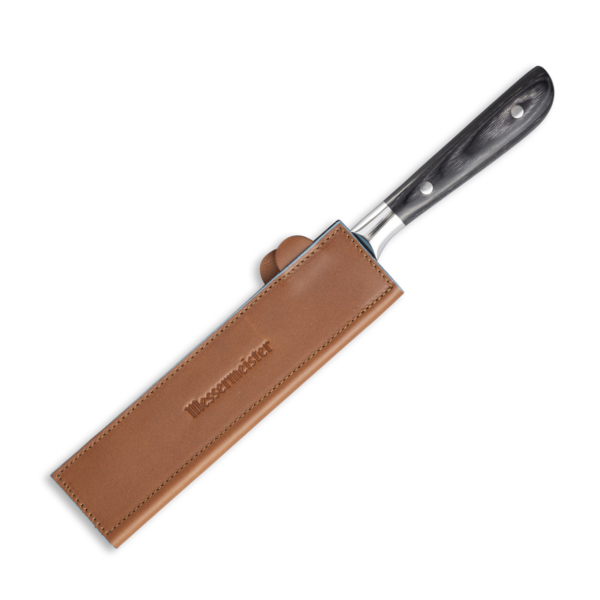 Messermeister 8.5 inch Saddle Brown Leather Magnetic Edge Guard Soft Rubber Magnets to Secure Knife on a ebony pakkawood handled knife 
