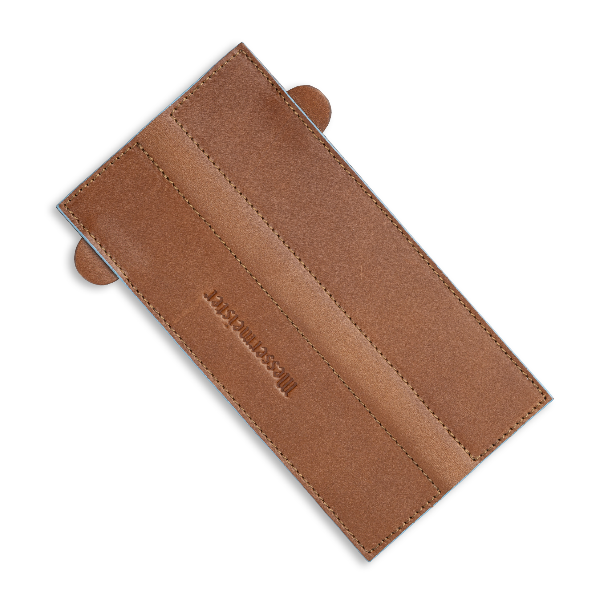 Messermeister 8.5 inch Saddle Brown Leather Magnetic Edge Guard Soft Rubber Magnets to Secure Knife laid out flat
