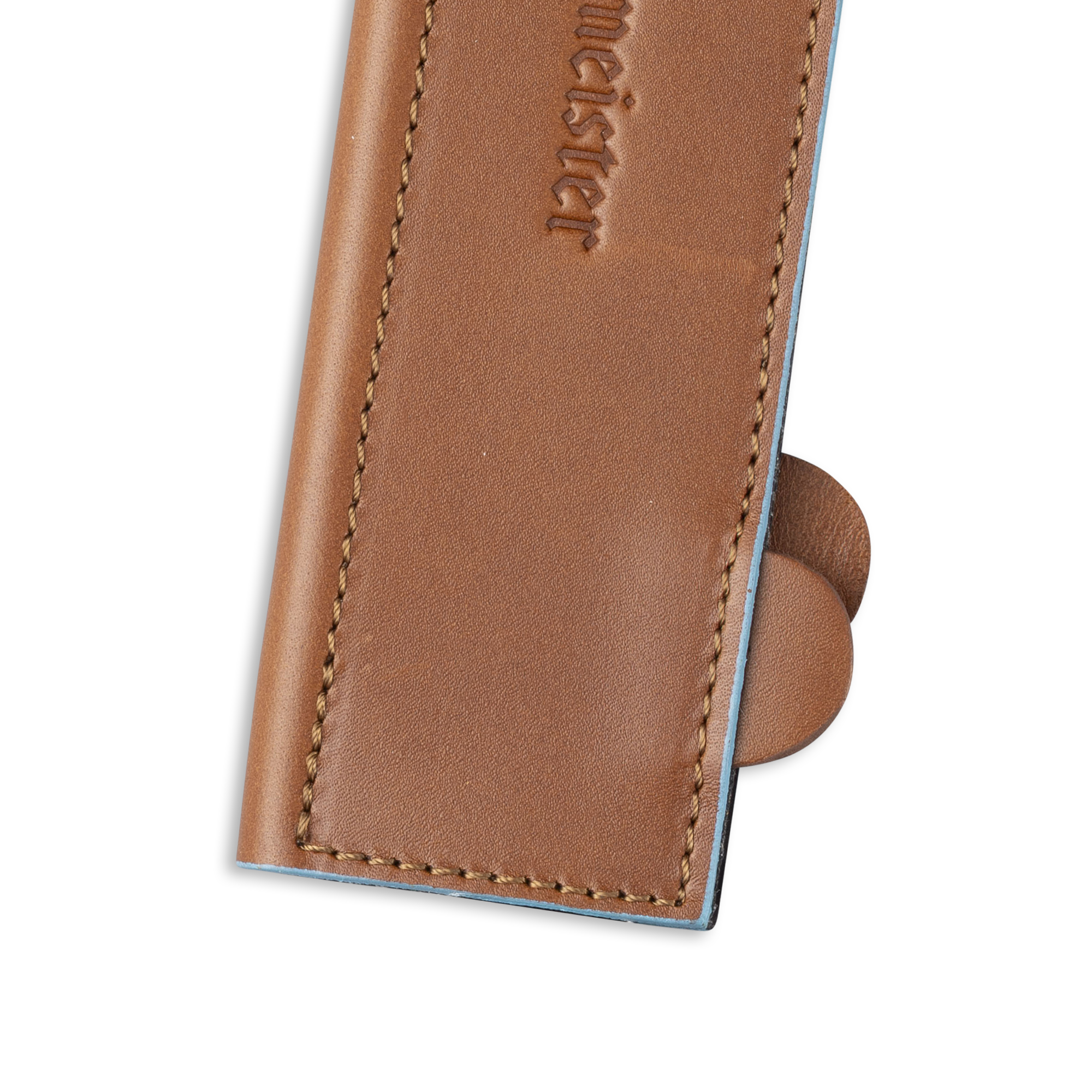 Messermeister 8.5 inch Saddle Brown Leather Magnetic Edge Guard Soft Rubber Magnets to Secure Knife close up on opener tabs