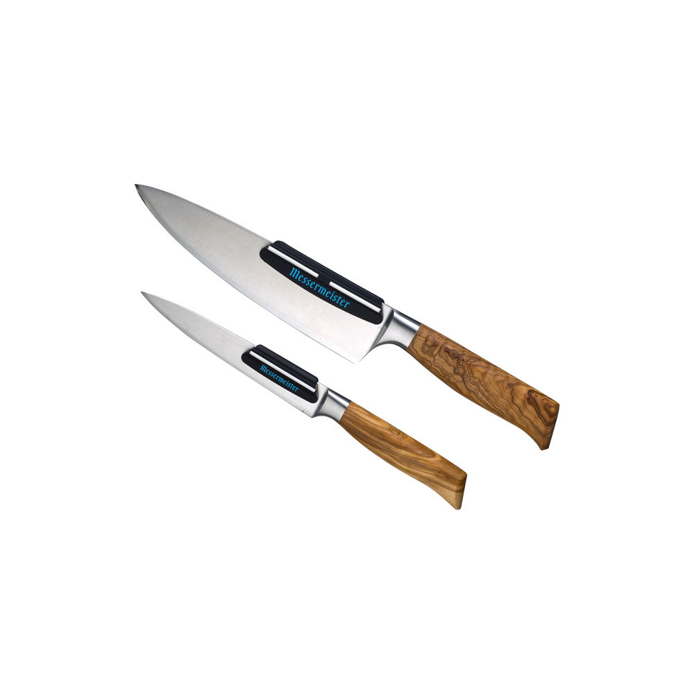 Two knives with wooden handles that have a Messermeister Angle Guide on each blade