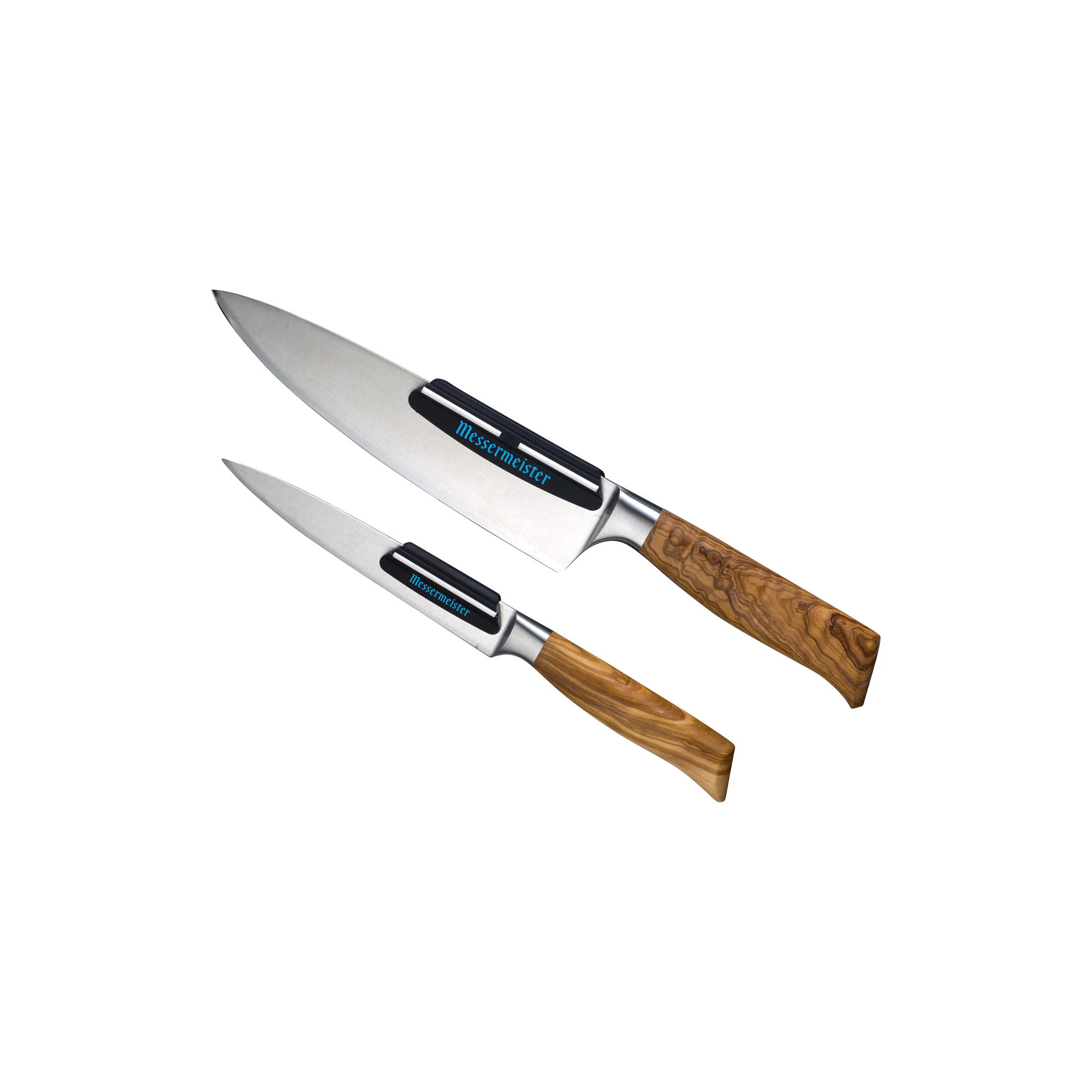 Two knives with wooden handles that have a Messermeister Angle Guide on each blade
