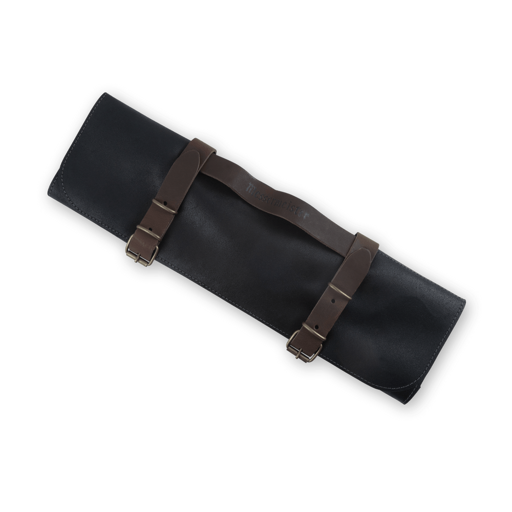 Messermeister Vintage Leather 7 Pocket Knife Roll in black, featuring durable full-grain leather construction with secure buckle closures, seven individual knife slots, reinforced stitching, and a compact roll-up design for safely storing and transporting chef knives and culinary tools