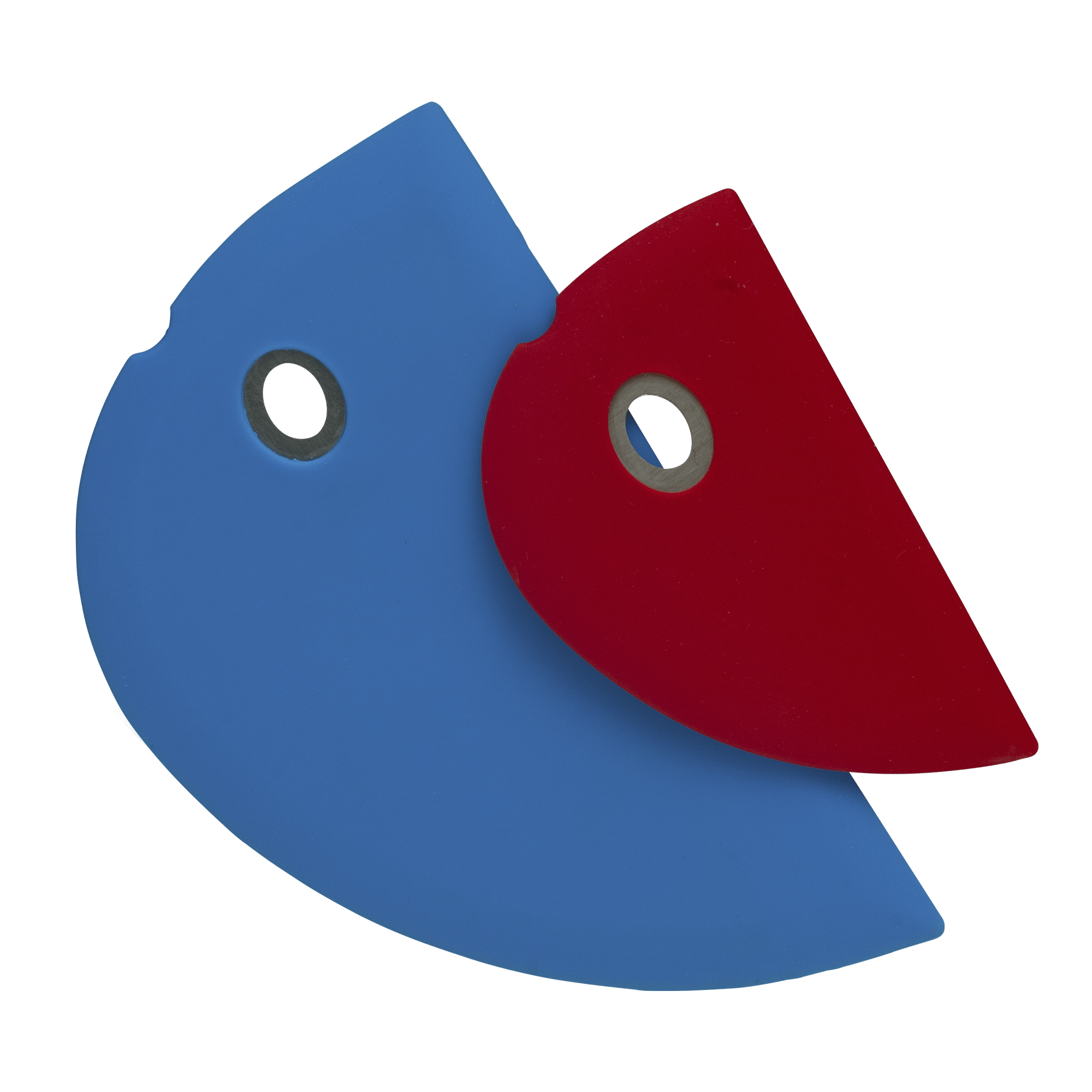 Messermeister Silicone Bowl Scraper Set with one 6 inch Blue and 4 inch red half-moon shaped silicone scrapers 