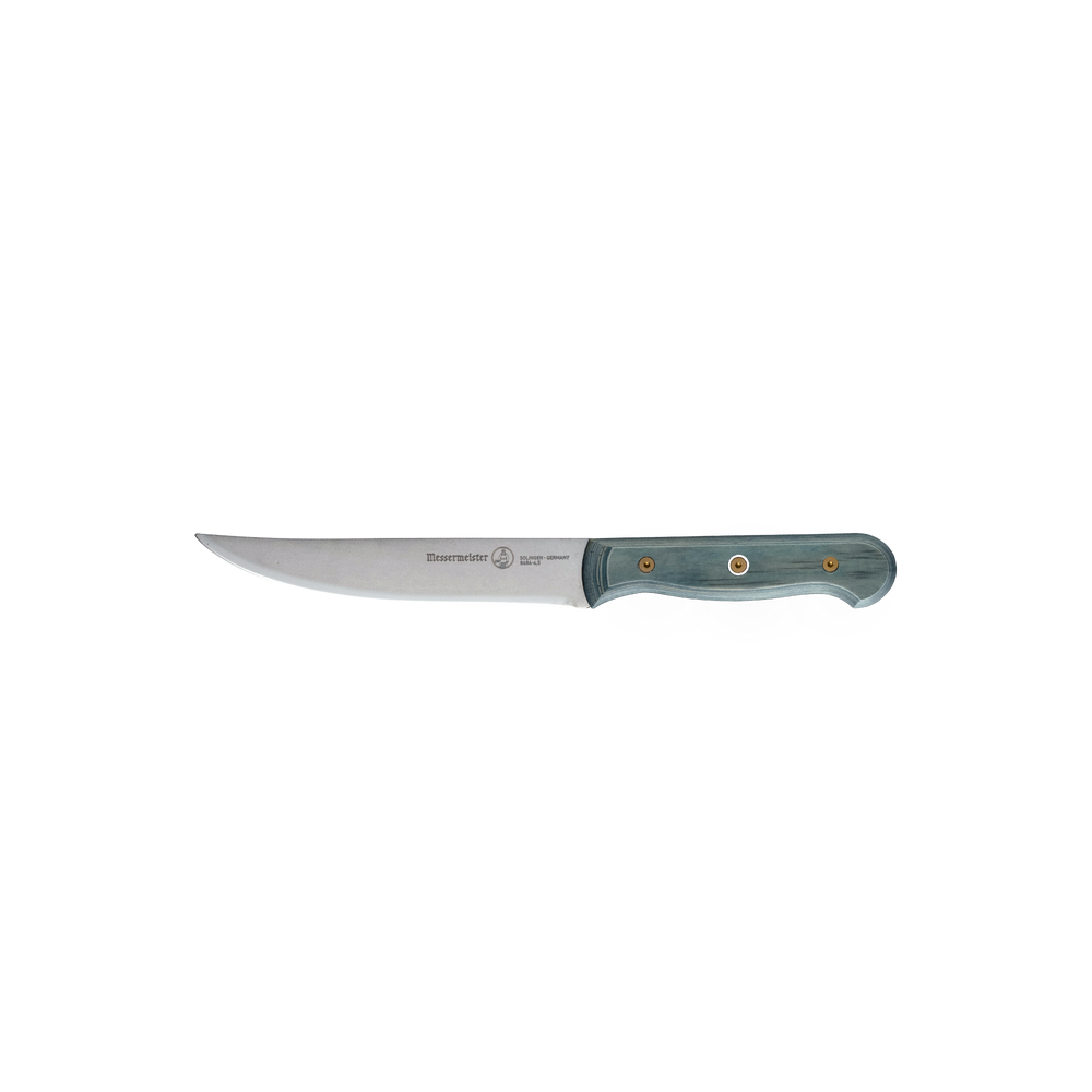 Side view of the Messermeister Custom Blue 4 Piece Steak Knife Set featuring four 5-inch stainless steel steak knives with sleek custom blue handles, full-tang construction, and sharp straight-edge blades arranged to highlight the slim profile and ergonomic handle design.