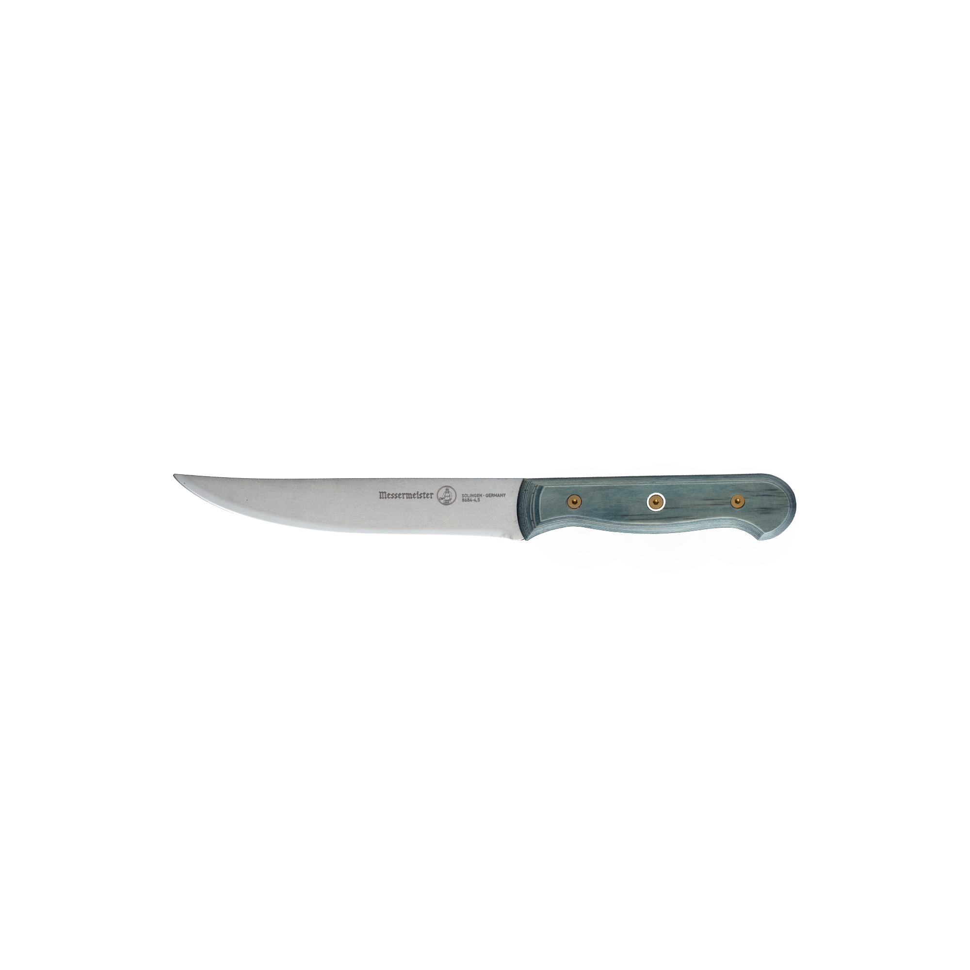 Side view of the Messermeister Custom Blue 4 Piece Steak Knife Set featuring four 5-inch stainless steel steak knives with sleek custom blue handles, full-tang construction, and sharp straight-edge blades arranged to highlight the slim profile and ergonomic handle design.
