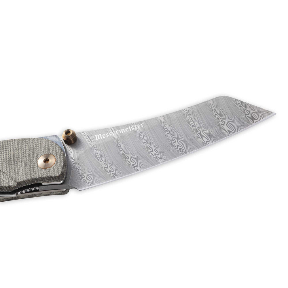 Messermeister Ojai Damasteel Folder - 3.75" - Made in Italy - OD Linen Micarta Handle - Damasteel SDT Steel close up on blade