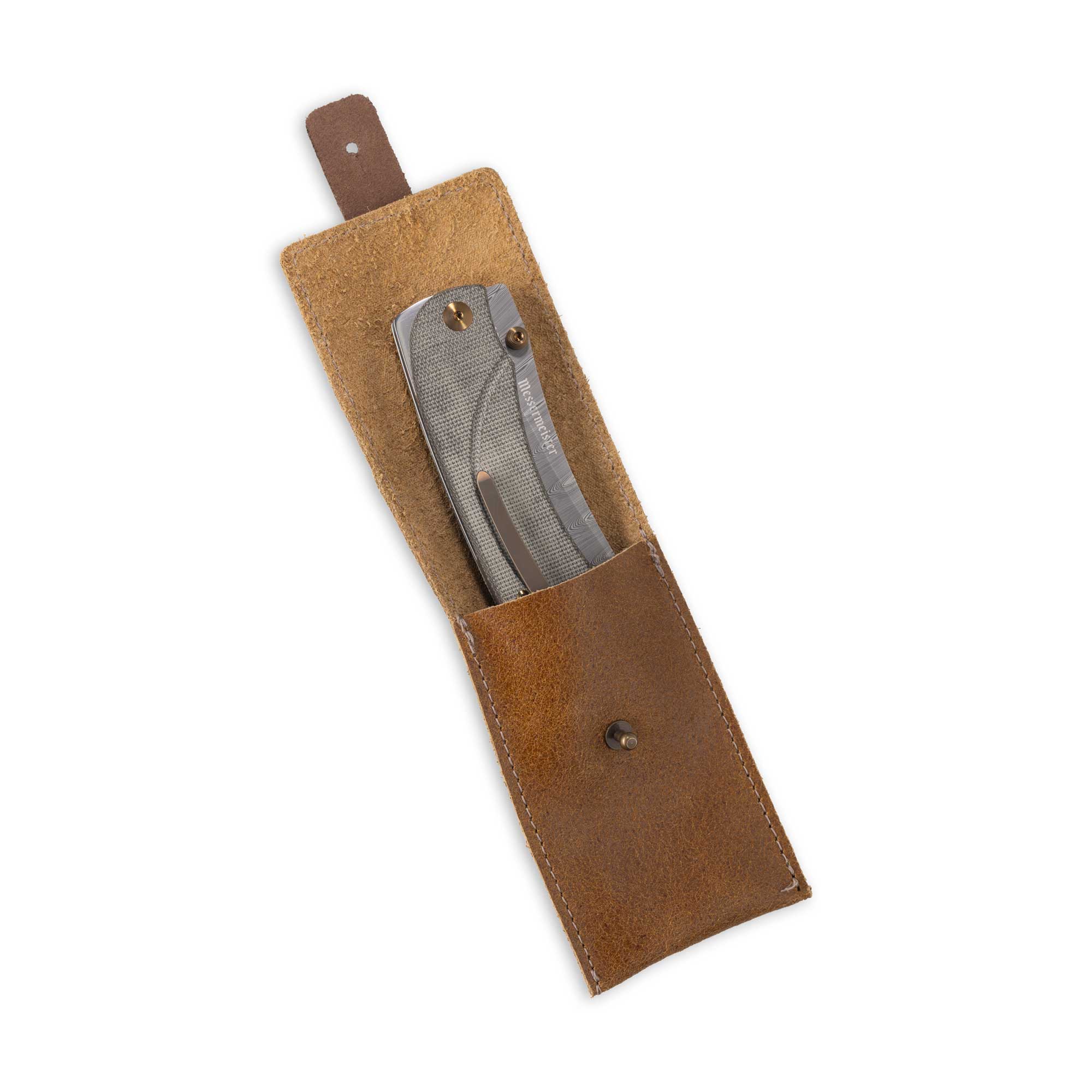 Messermeister Ojai Damasteel Folder - 3.75" - Made in Italy - OD Linen Micarta Handle - Damasteel SDT Steel in leather sheath
