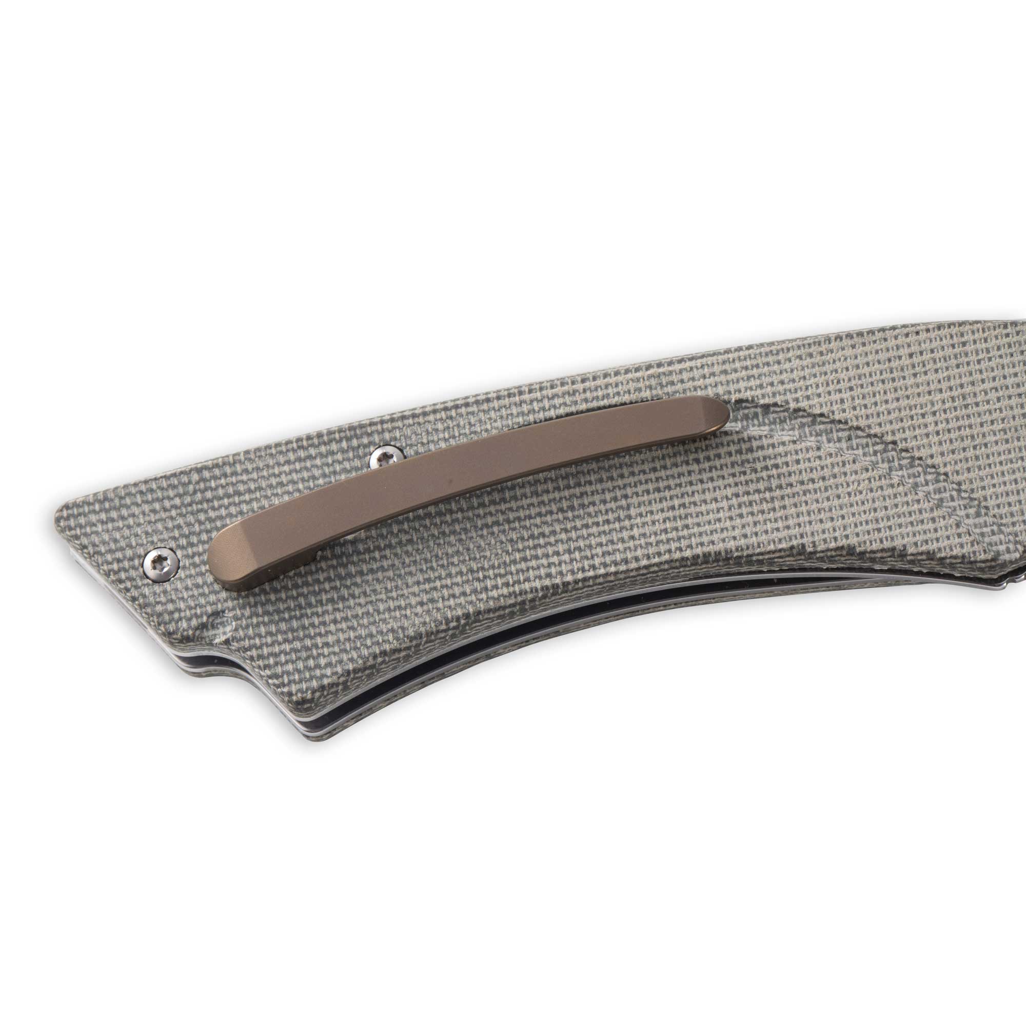Messermeister Ojai Damasteel Folder close up on belt clip