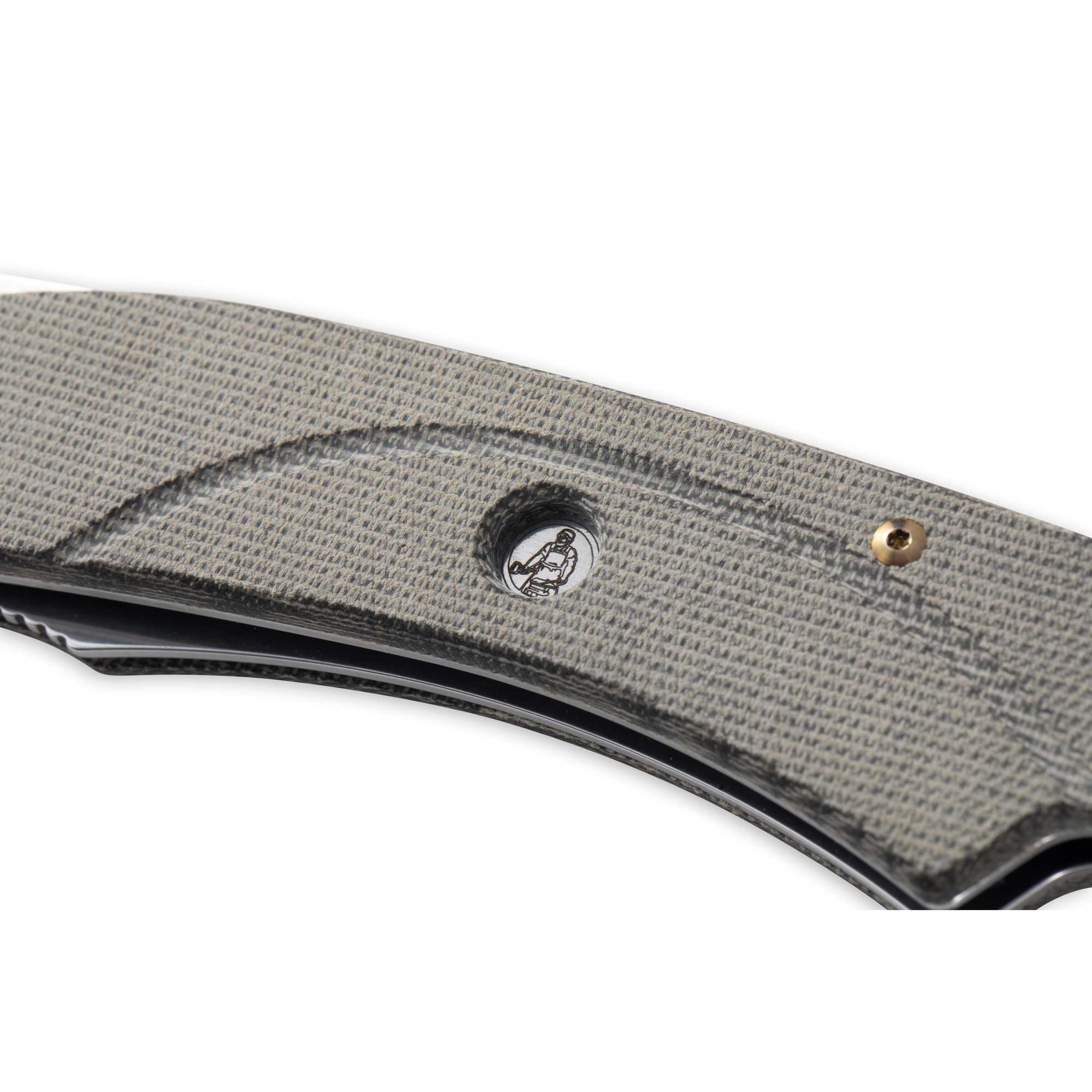 Messermeister Ojai Damasteel Folder close up on messermeister logo