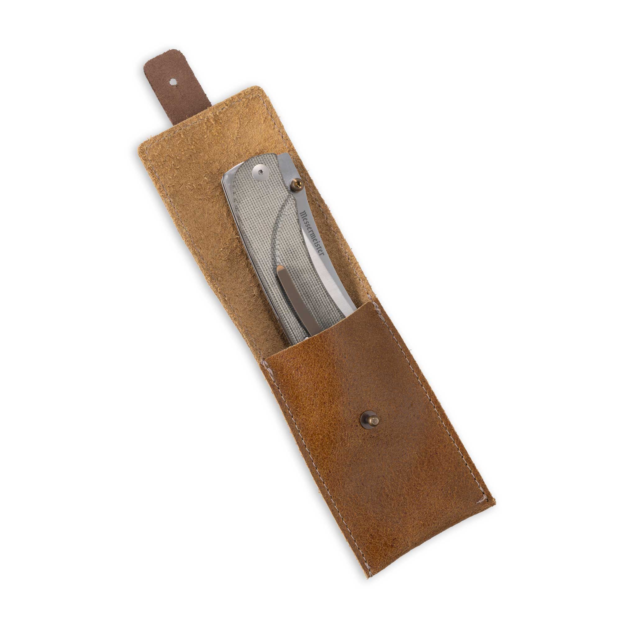 Messermeister Ojai Damasteel Folder in leather sheath 