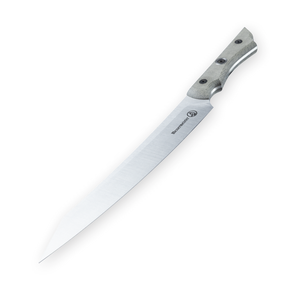 Overland series slicing knife with a long stainless steel blade and pointed tip, paired with a textured light-colored handle and visible rivets, angled on a plain background
