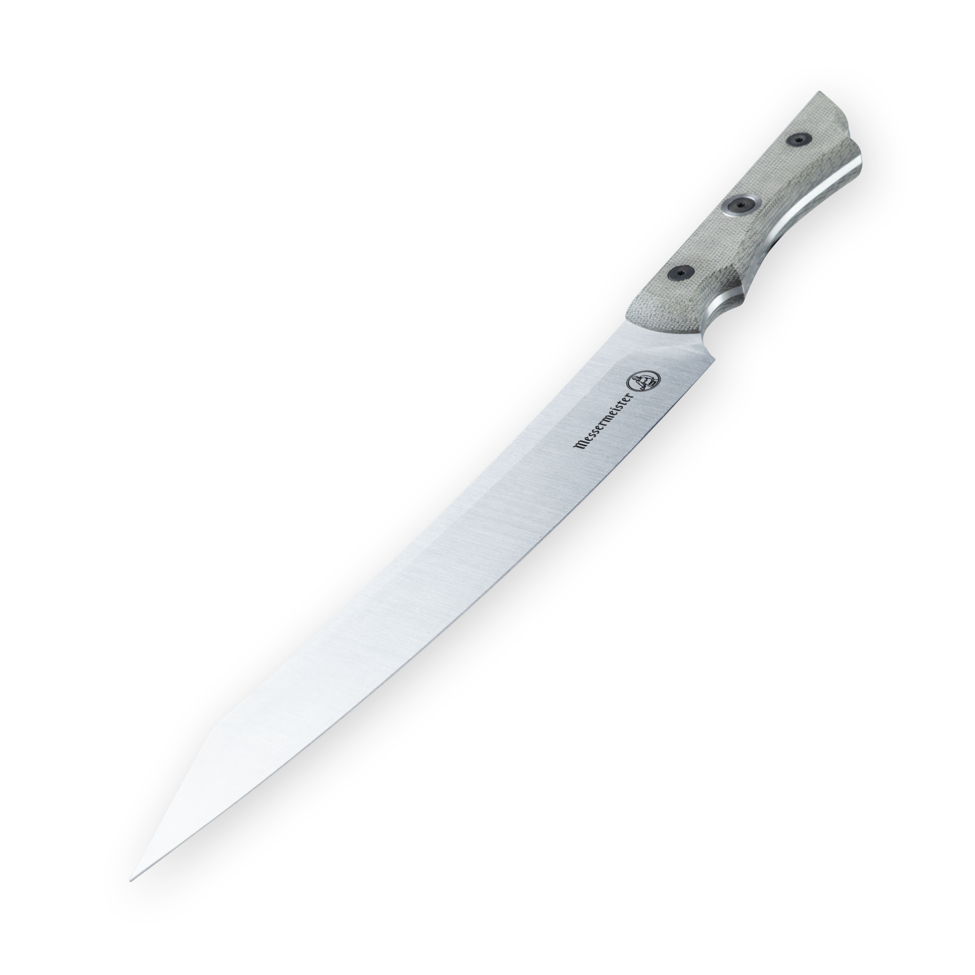 Overland series slicing knife with a long stainless steel blade and pointed tip, paired with a textured light-colored handle and visible rivets, angled on a plain background